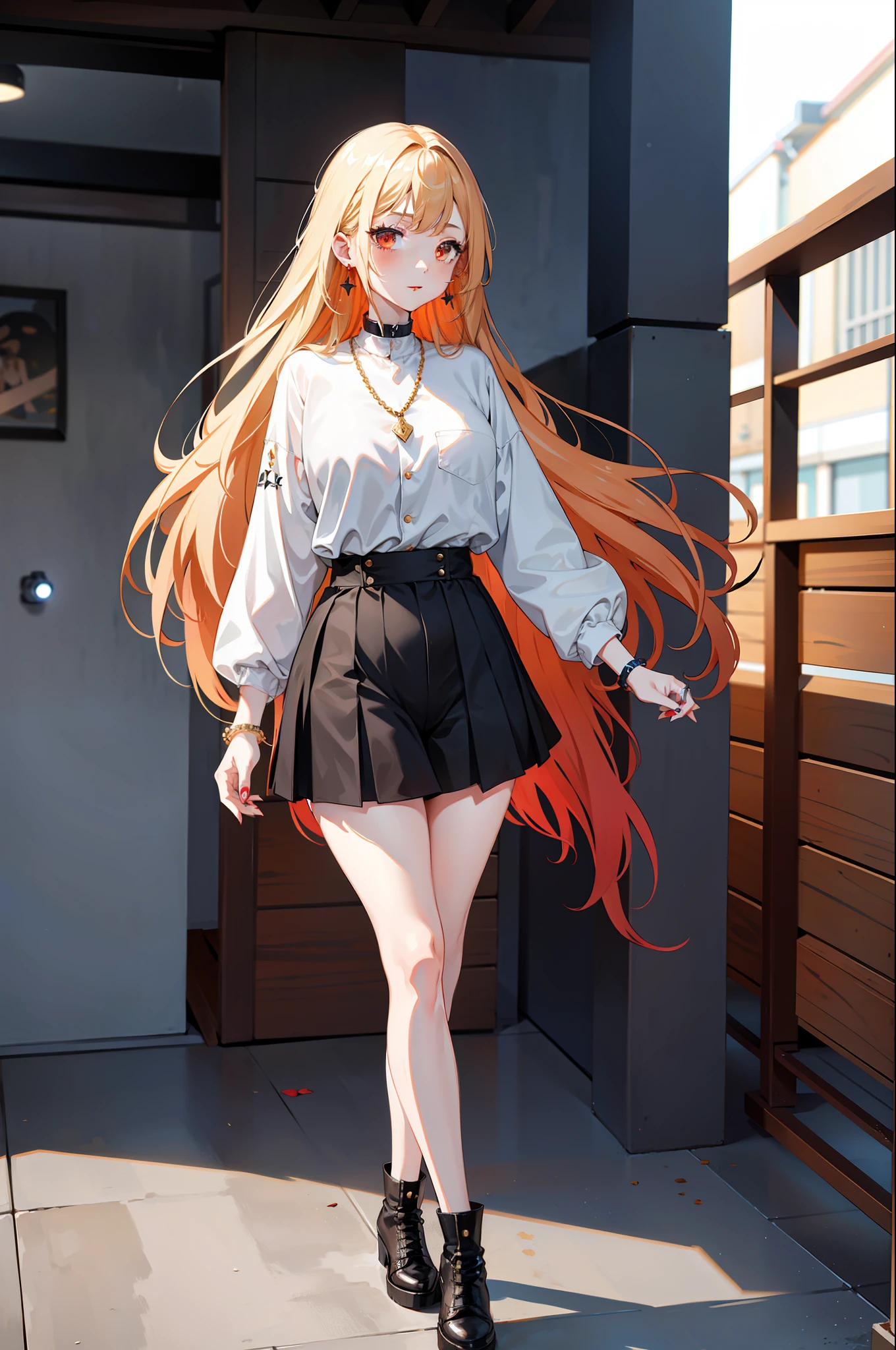 1girl, long hair, blonde hair, red eyes, piercing, earrings, pierced earrings, stud earrings, black necklace, bead bracelet, wrist tightening, long nails, wide hips, thin waist, thick thighs, (uniform), shyness, (masterpiece: 1.2), highlight, best quality, 8k, very clear,