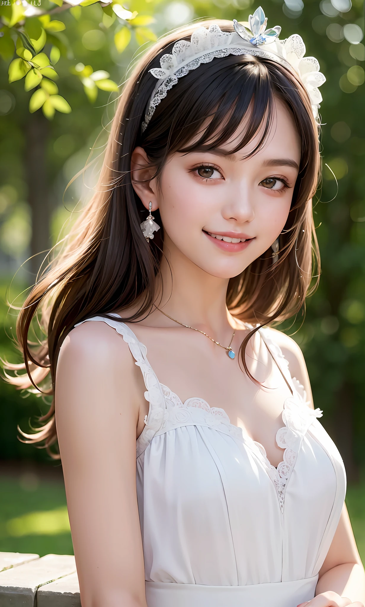 (8k, RAW photos, best quality, High resolution: 1.1), (surreal: 1.4), (realistic, realistic: 1.3), soft light, girl, realistic face, realistic body, realistic skin, absurd, masterpiece, (cute: 1.8), cute, solo, (: 1.2), detailed black eyes, innocent eyes, blush, (white wedding dress: 1.2), (dress conservatively), lace trim, garland, jewel crown, movie lights, film grain, jewelry, earrings, ((medium hair: 1.1)), ((floating hair nova frog style)), cherry lips, headband, hair bow, ponytail, viewer, long hair, open lips , upper teeth, (smiling eyes: 0.6), ((grinning: 1.2)), depth of field, blurred background, eye focus, bokeh, young, 85mm lens, f/1.4, professional lighting, young, photon mapping, radiosity, physically based rendering, braless