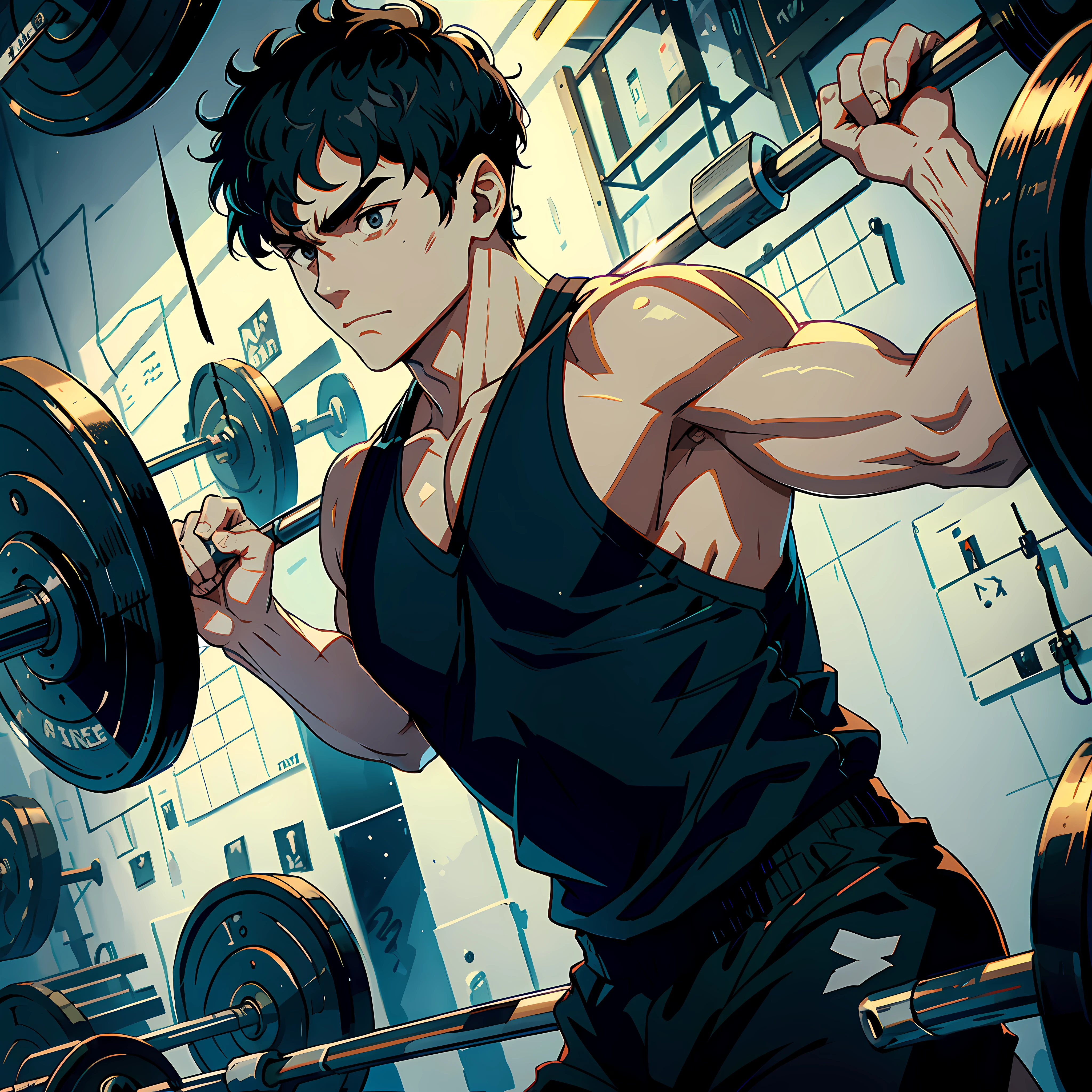 1 man, holding a barbell, black hair, black eyes, white vest, gym