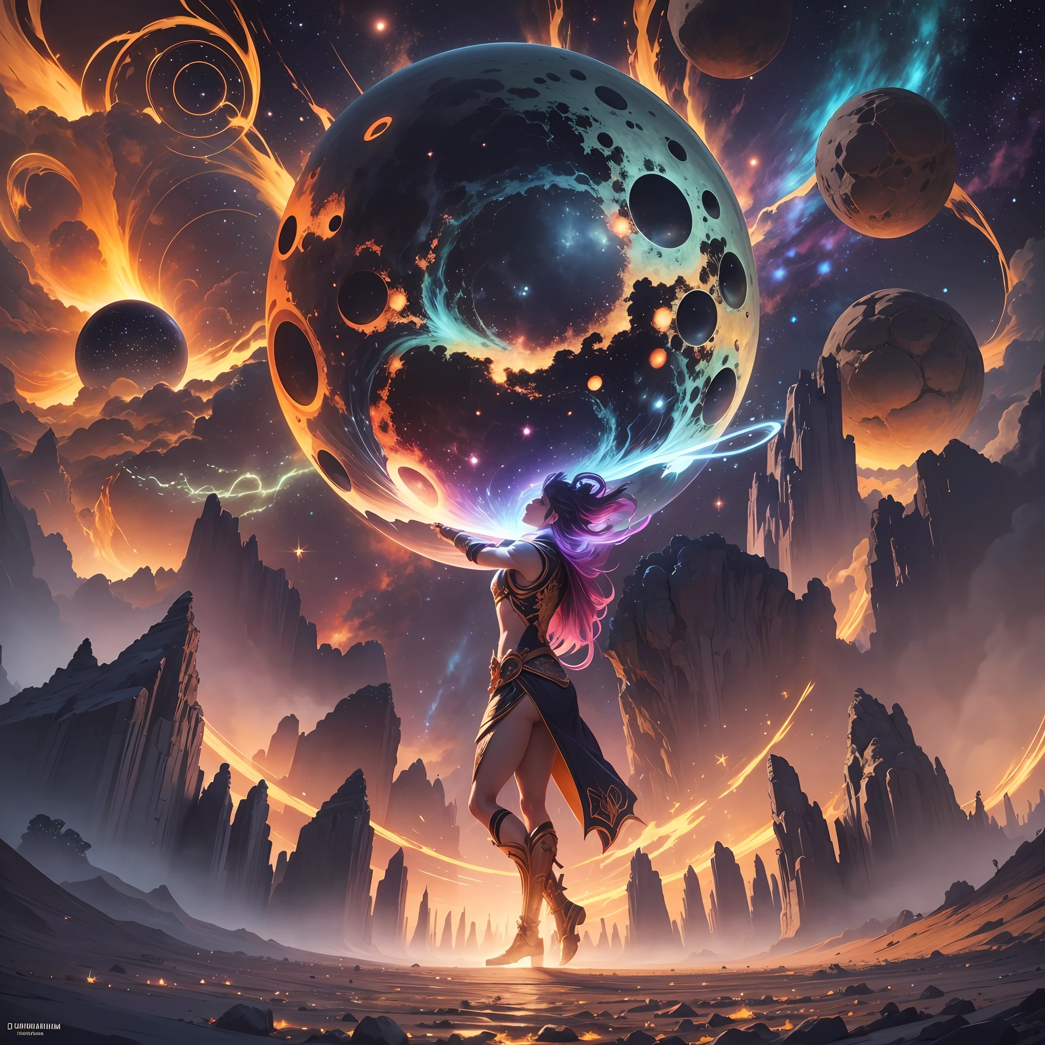 Imagine an image that depicts an epic chapter of a fantastic book. In the center of the scene, you'll see Thanato and Peperit, two primordial ancestors, exhibiting a powerful cosmic energy. Around them, an explosion of vibrant, bright colors represents the Universe in its primordial state, as if it were newborn. Five divine deities, called Ozis, Tanri, Theos, Zilevo and Zulfiqar, are present in the image, each possessing a unique appearance and expressions that reflect their connection to the Universe. Enveloping the Universe are eight colossal floating rocks, symbolizing the planets of the cosmic garden: Zaranler, Májoris, Arcriris, Terax, Moam, Primarium, Dívum and Gáudium. Each planet has distinct characteristics, such as lush landscapes, sparkling oceans, and mysterious atmospheres. Despite the efforts of the gods to bring joy and life to the universe, their sorrow is evident. The Sun, now a colossal incandescent rock, emits intense heat and a bright, unique light. Scattered around the scene, stars shine brightly, like small gaseous rocks that illuminate the cosmos. Finally, the primordials and their descendants assume a majestic bipedal form, revealing their grandeur and divine power. Use your creativity and skills to create an image that captures all the cosmic grandeur of this fascinating chapter, highlighting every detail with perfection and depth. --auto --s2