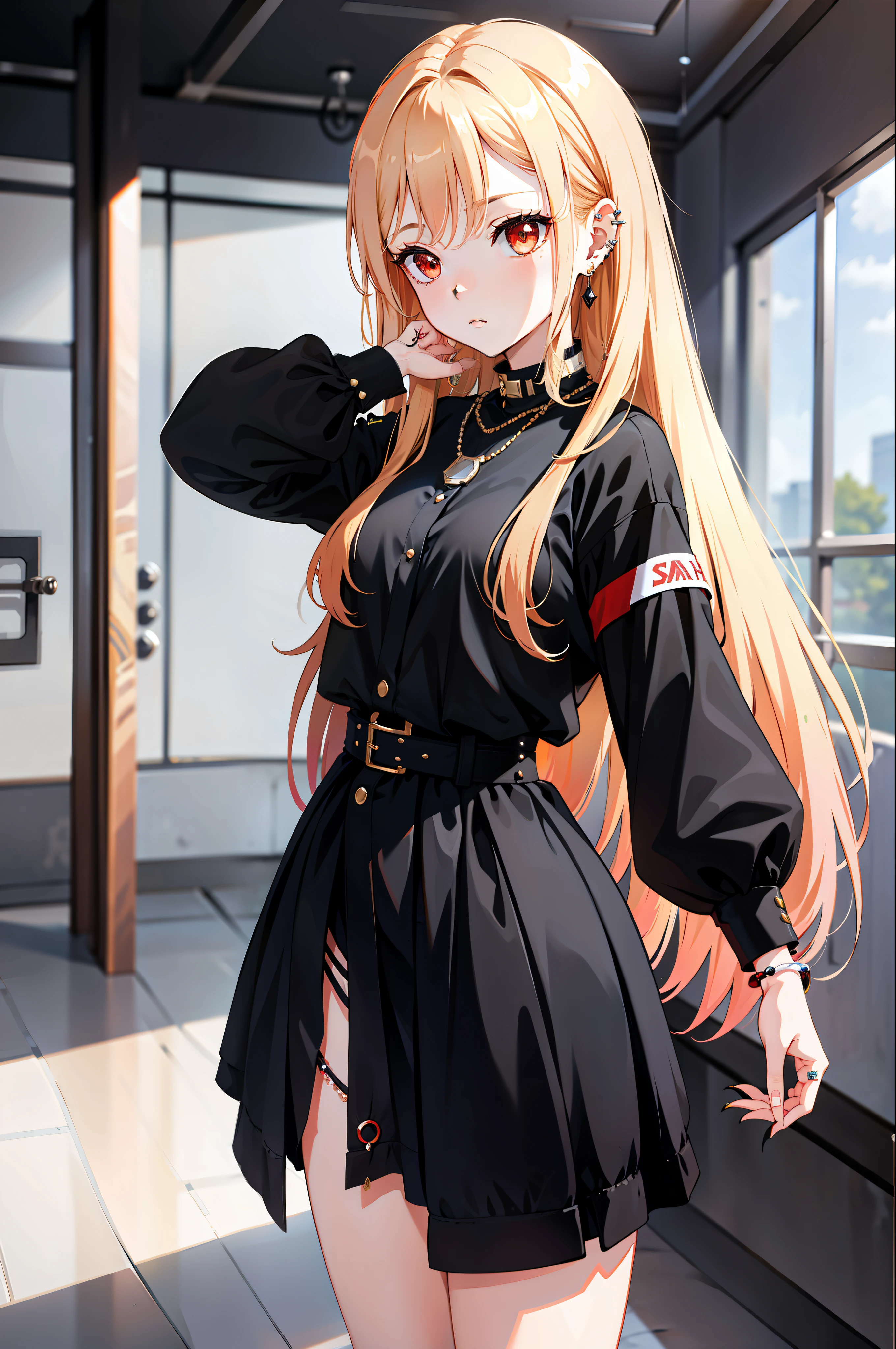 1girl, long hair, blonde hair, red eyes, piercing, earrings, pierced earrings, stud earrings, black necklace, bead bracelet, wrist tightening, long nails, wide hips, thin waist, thick thighs, (uniform), shyness, (masterpiece: 1.2), highlight, best quality, 8k, very clear,