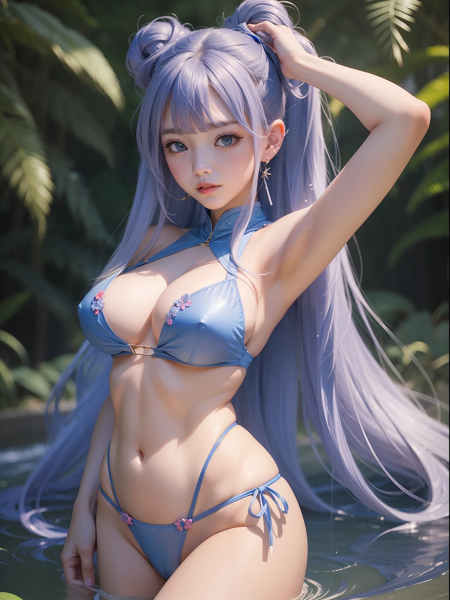 micro bikini anime girl with absolutely beautiful long hair, blue sexy bikini, artstation, cute anime girl, cute anime girl portrait, pretty anime girl, portrait of cute anime girl, kawaii realistic portrait, anime visual of a cute girl, cute anime girl portraits, portrait anime girl, anime style portrait, beautiful anime girl, full body, smile, (huge boobs), navel, thin waist, (big hip), Thighs, from bellow, side face, cleavage
