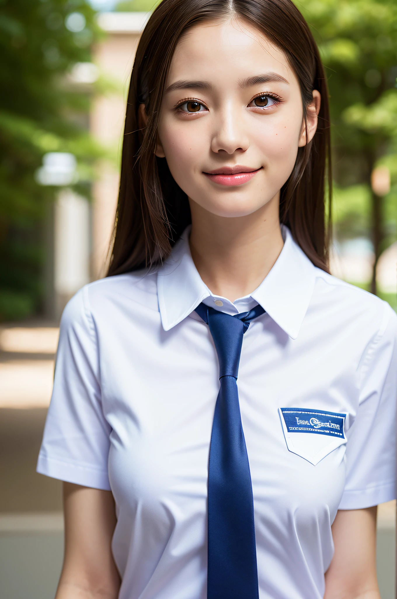 (Top Quality, Masterpiece: 1.2), Women, Portrait, Neat College Girl, Petite People, (School Uniform, Summer Uniform, Short Sleeves), (Slim), Photorealistic, Detail, Skin Texture, Ultra Detailed, Delicate and Sexy Clavicle, Smile, Ultra Detailed Face, Detailed Lips, Detailed Eyes, Double Eyelids