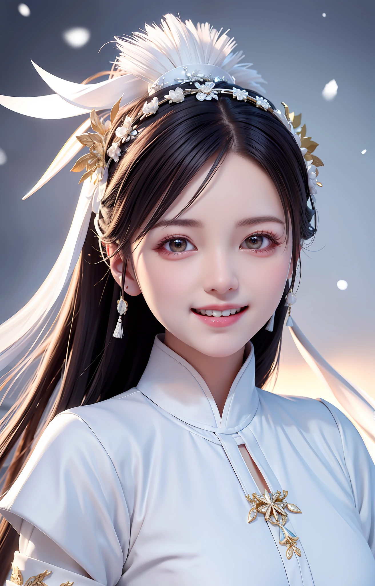 Best quality, masterpiece, white hanfu, short sleeves, 1 woman, snowy landscape. The headdress is simple, high ponytail, charming smile, healing smile, beauty that people can't forget when they look at it, close-up