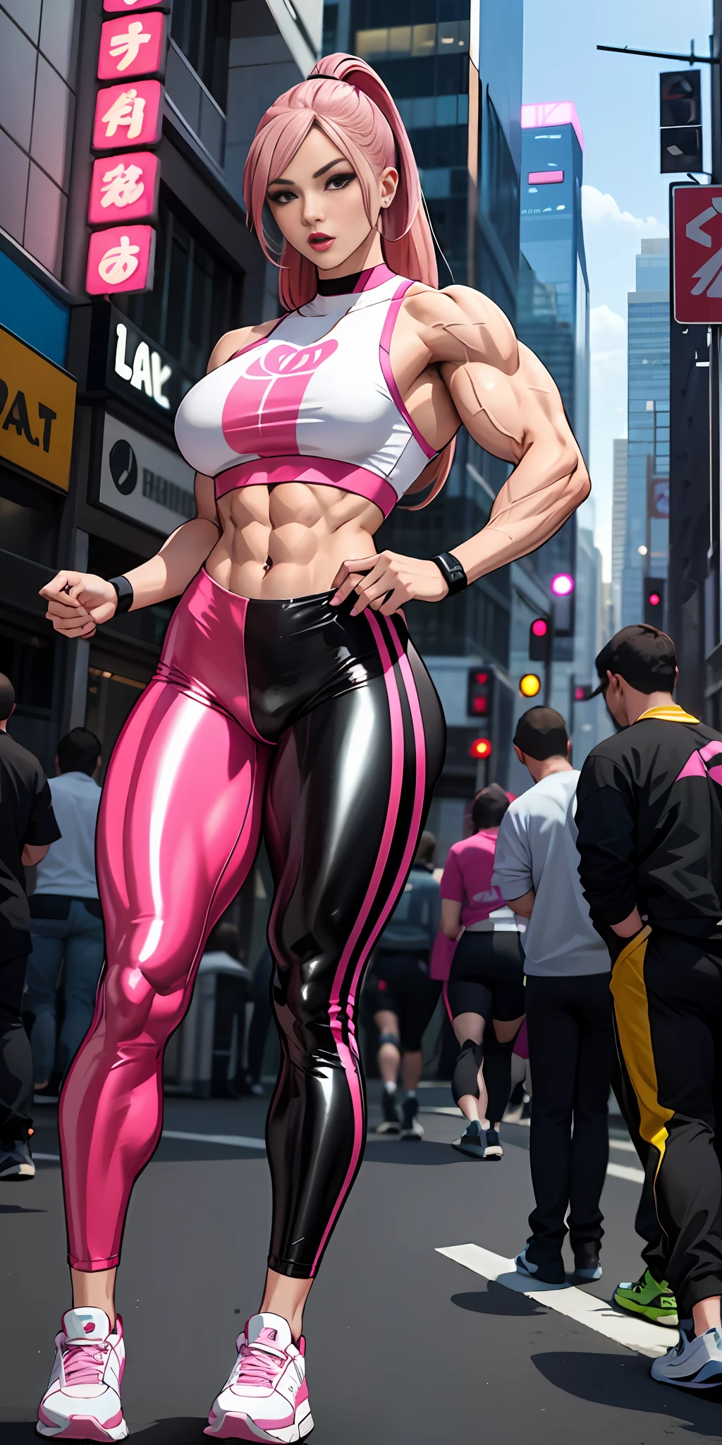 Man, girl face, transgender, adult, lipstick, provocative face, , pink hair (long and straight), running pants, sports top, muscular, male thighs, male breasts, pretuberance, genital marking, full body, shiny pants, ass (background: city)