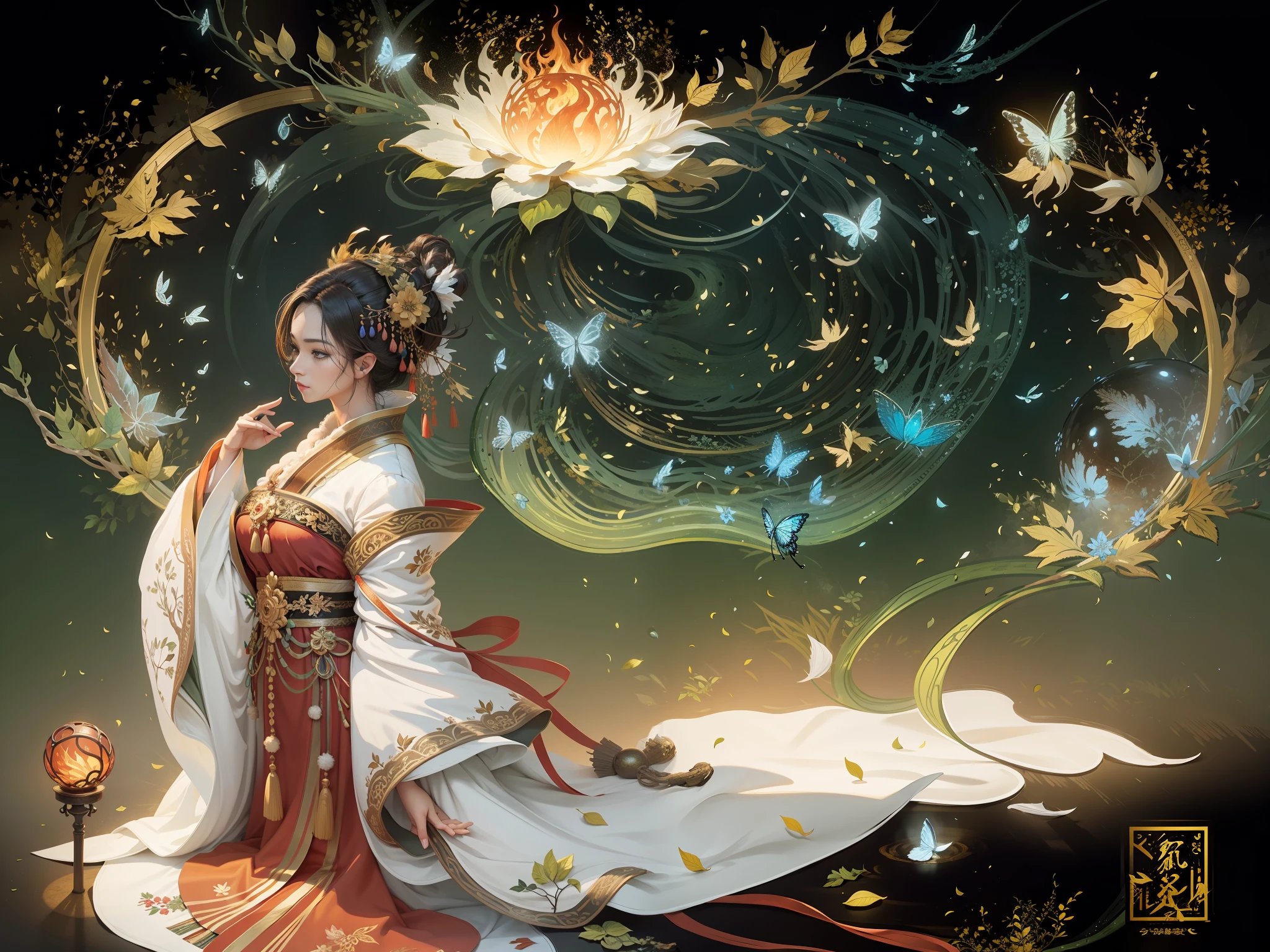 Masterpiece, best quality, a beautiful woman, ancient Chinese imperial robe, majestic domineering, curvaceous figure, phoenix eyes, phoenix feathers, sunshine, clear face, masterpiece, super detail, movie composition, ultra hd, high quality, extremely detailed, official art, uniform 8k wallpaper, super detail, (very detailed CG unity 8k wallpaper), (best quality), (best illustration), (best shadow), UI interface border design with natural elements forest theme. Avatar frame designed as round, surrounded by delicate leaves and branches, with fireflies and glowing particle effects, (UI interface box design), (natural elements), (jungle theme), (square), (leaves), (branches), (fireflies), butterflies, (delicate leaves), (glow), (particle effects), isometric 3D, Octane rendering, ray tracing, super detailed