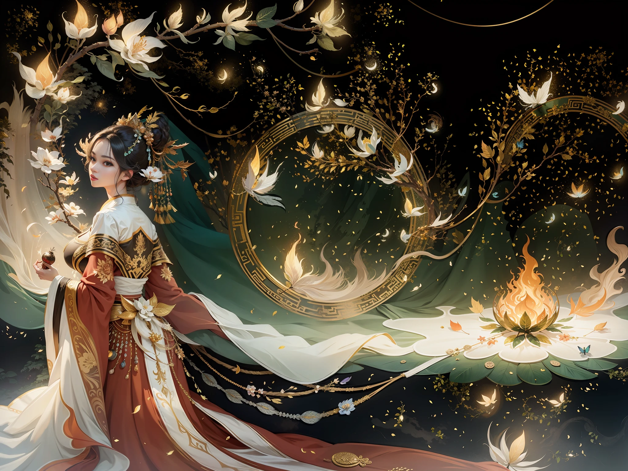 Masterpiece, best quality, a beautiful woman, ancient Chinese imperial robe, majestic domineering, curvaceous figure, phoenix eyes, phoenix feathers, sunshine, clear face, masterpiece, super detail, movie composition, ultra hd, high quality, extremely detailed, official art, uniform 8k wallpaper, super detail, (very detailed CG unity 8k wallpaper), (best quality), (best illustration), (best shadow), UI interface border design with natural elements forest theme. Avatar frame designed as round, surrounded by delicate leaves and branches, with fireflies and glowing particle effects, (UI interface box design), (natural elements), (jungle theme), (square), (leaves), (branches), (fireflies), butterflies, (delicate leaves), (glow), (particle effects), isometric 3D, Octane rendering, ray tracing, super detailed