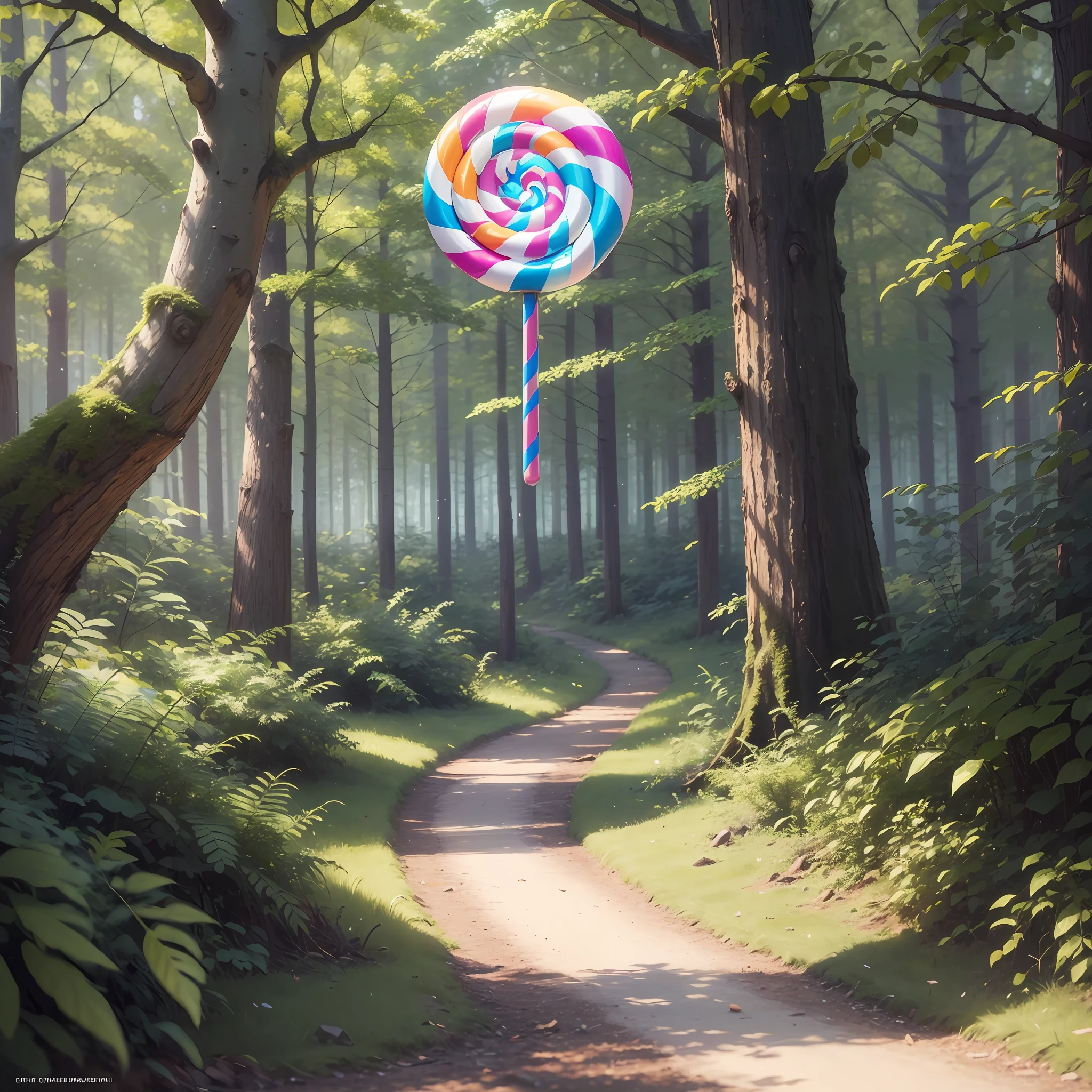 Create a realistic drawing, with a bright lollipop, in an enchanted forest, 8K resolution, 16:9 AR --auto --s2