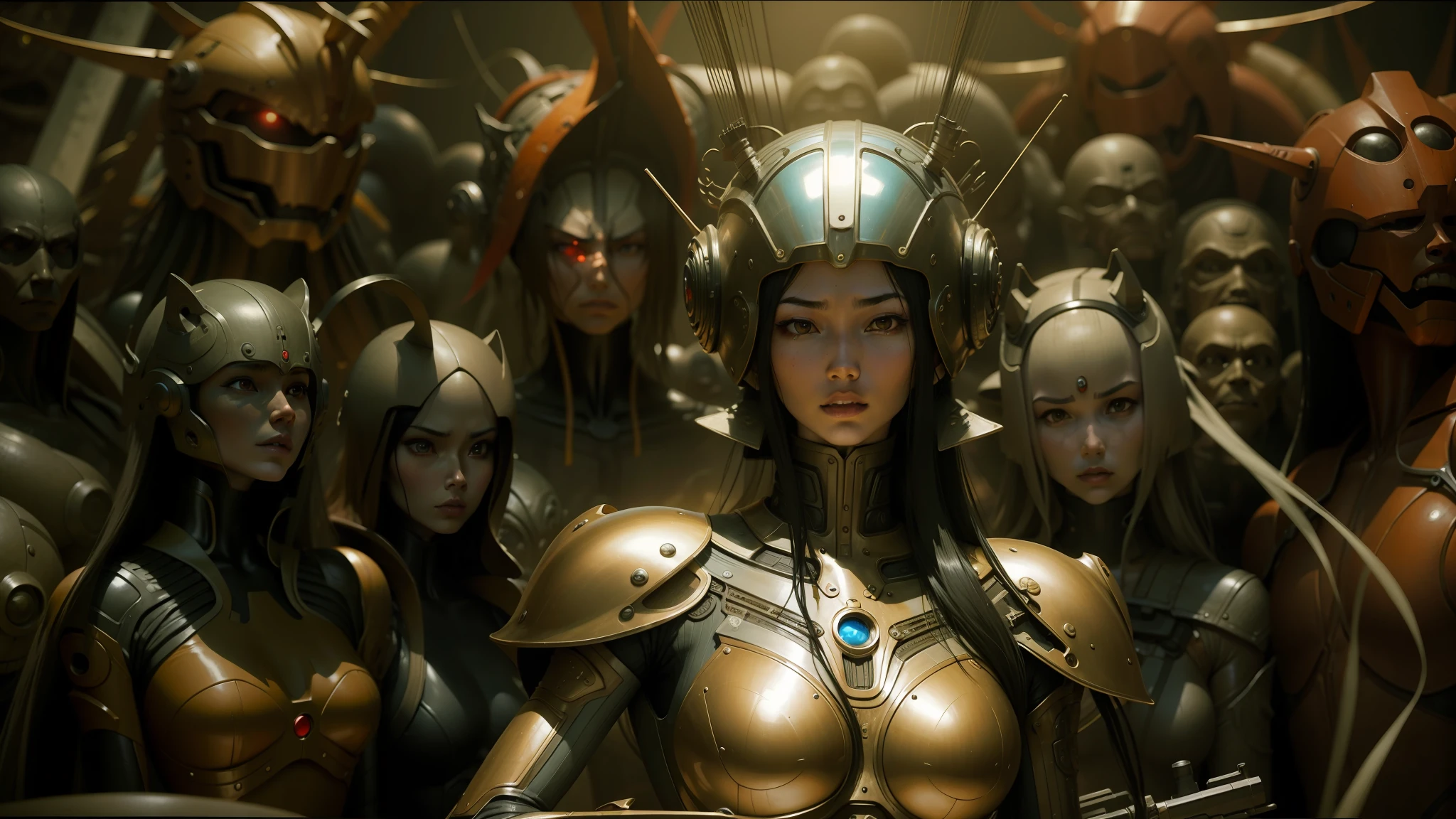 arafed woman in red latex posing in front of a group of humanoids, still from alita, 2 5 th anniversary music video, by Ye Xin, weta studio and james jean, gemma chan, by Eizō Katō, art foreground : eloy morales, monochromatic red, hayao miyazak --ar 16:9 --auto --s2