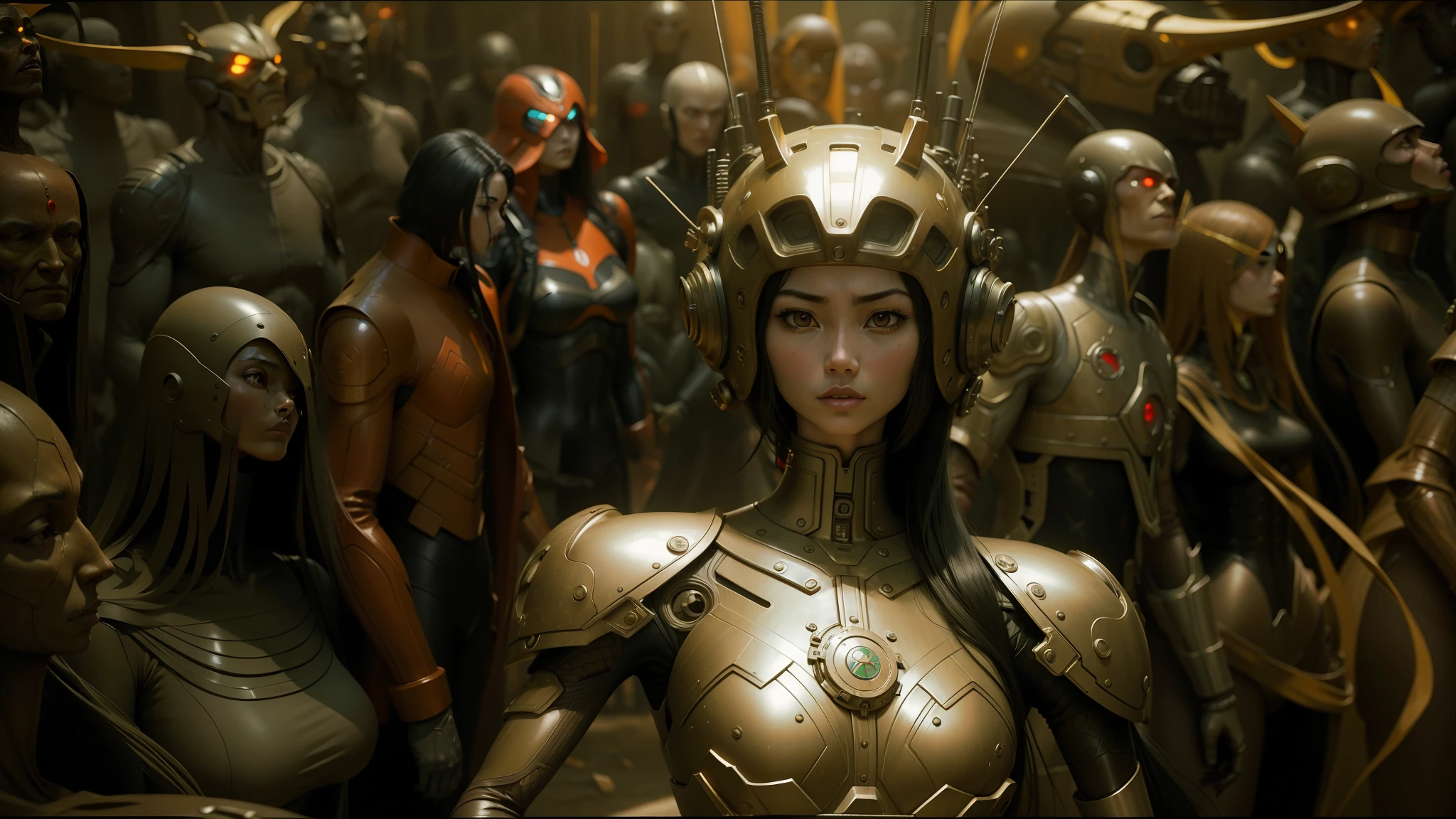 arafed woman in red latex posing in front of a group of humanoids, still from alita, 2 5 th anniversary music video, by Ye Xin, weta studio and james jean, gemma chan, by Eizō Katō, art foreground : eloy morales, monochromatic red, hayao miyazak --ar 16:9 --auto --s2