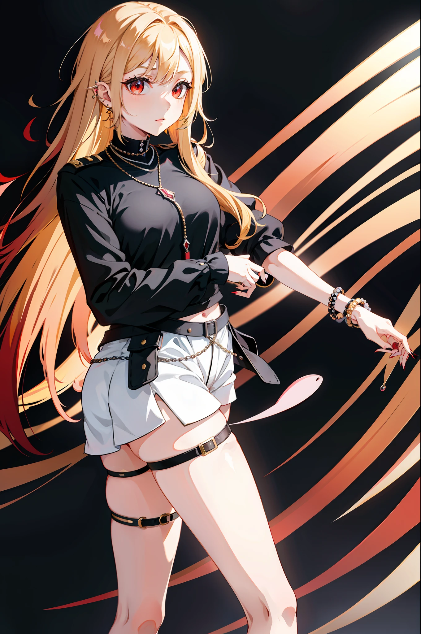 1girl, long hair, blonde hair, red eyes, piercing, earrings, pierced earrings, stud earrings, black necklace, bead bracelet, wrist tightening, long nails, wide hips, thin waist, thick thighs, (uniform), shyness, (masterpiece: 1.2), highlight, best quality, 8k, very clear,
