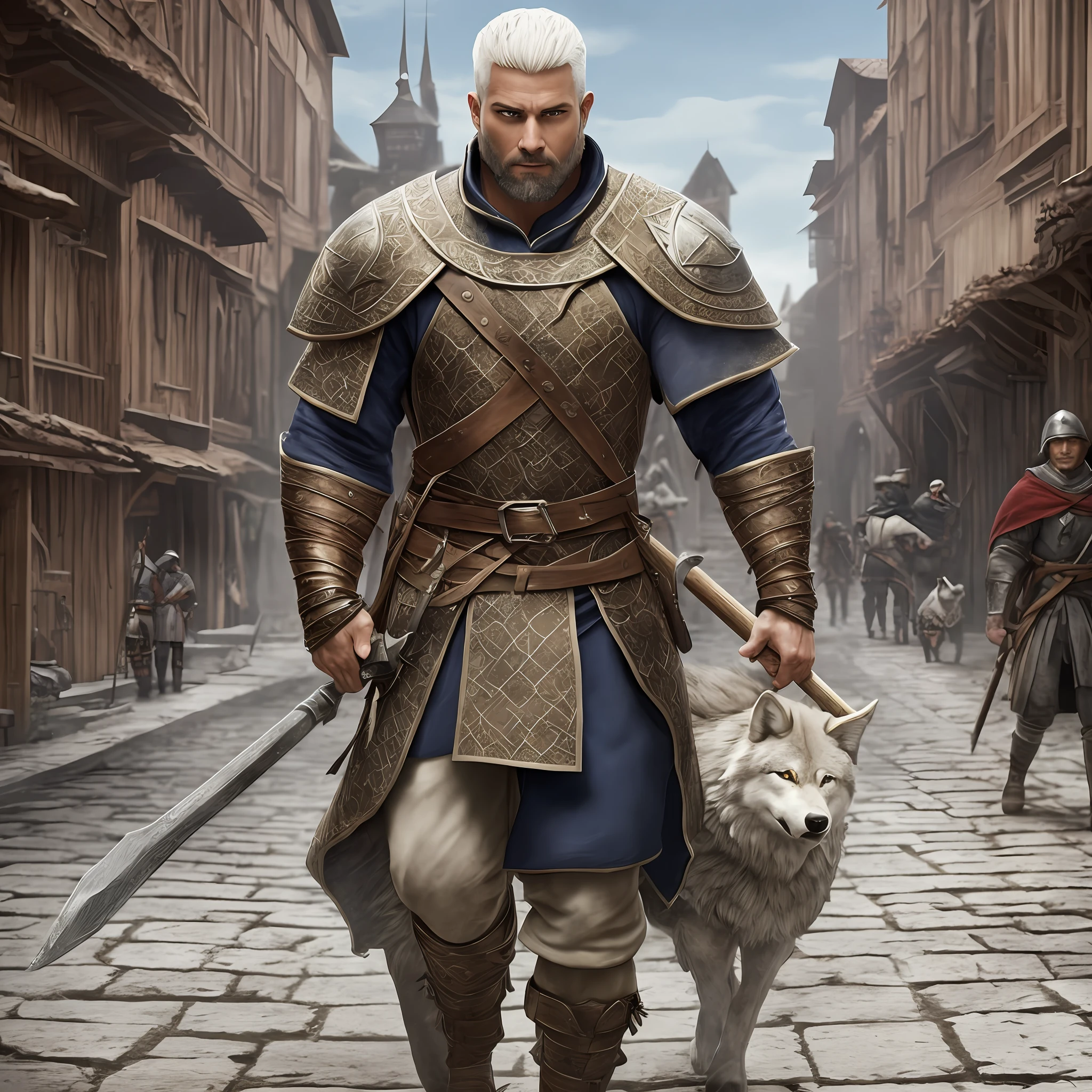 Tall Muscular Young Man With With short White Hair, no Beard, Holding a War Axe, Walking in a Medieval Square With a Gigantic With Wolf on his side, Realistic, Full HD, Best Quality. --auto --s2