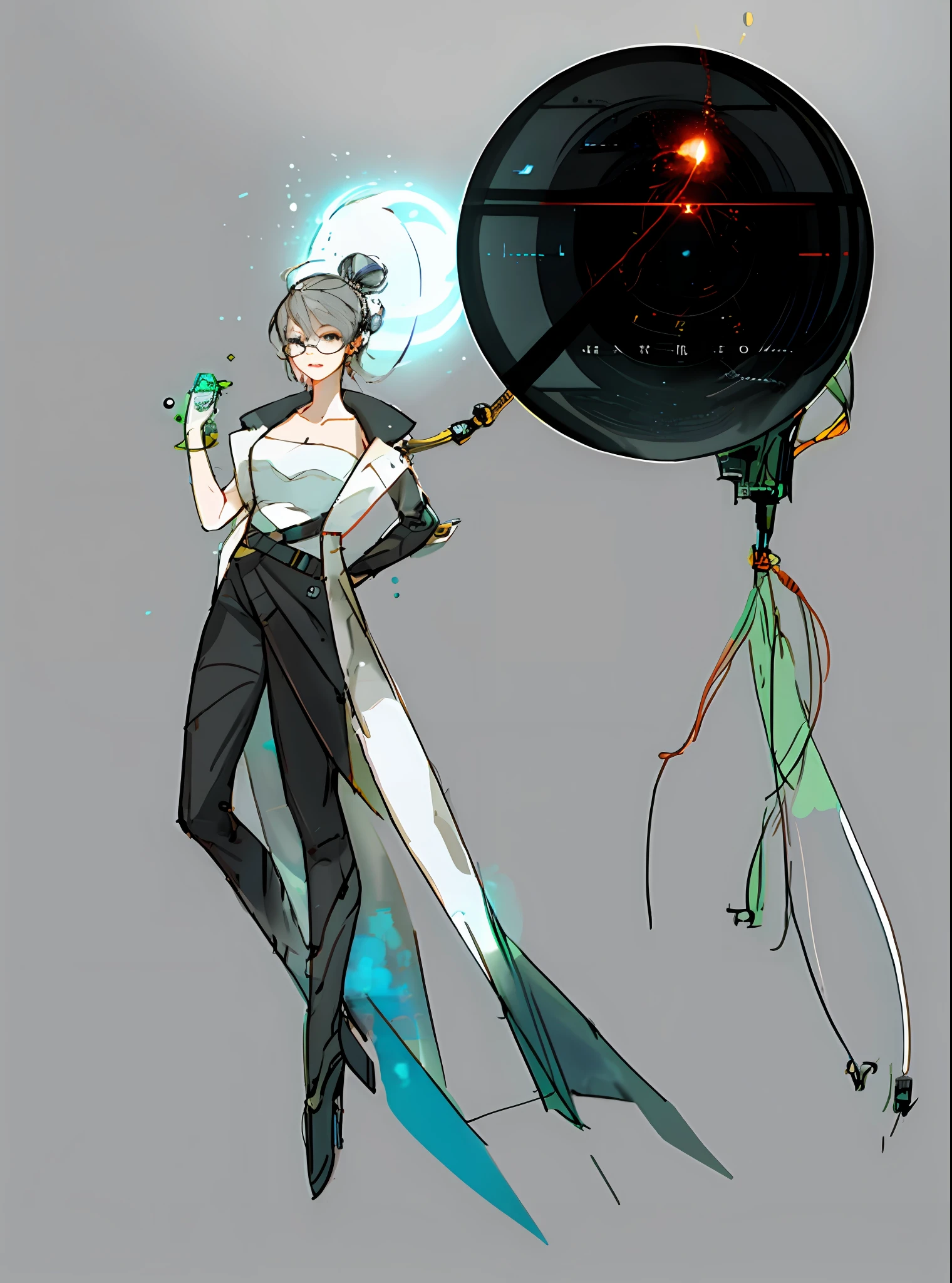 Scientist, cyberpunk, left hand mechanized, mechanical feet, character connected sphere, particle effect on right hand, (character original art), snapping fingers, mechanical sphere, (gray background), wearing glasses