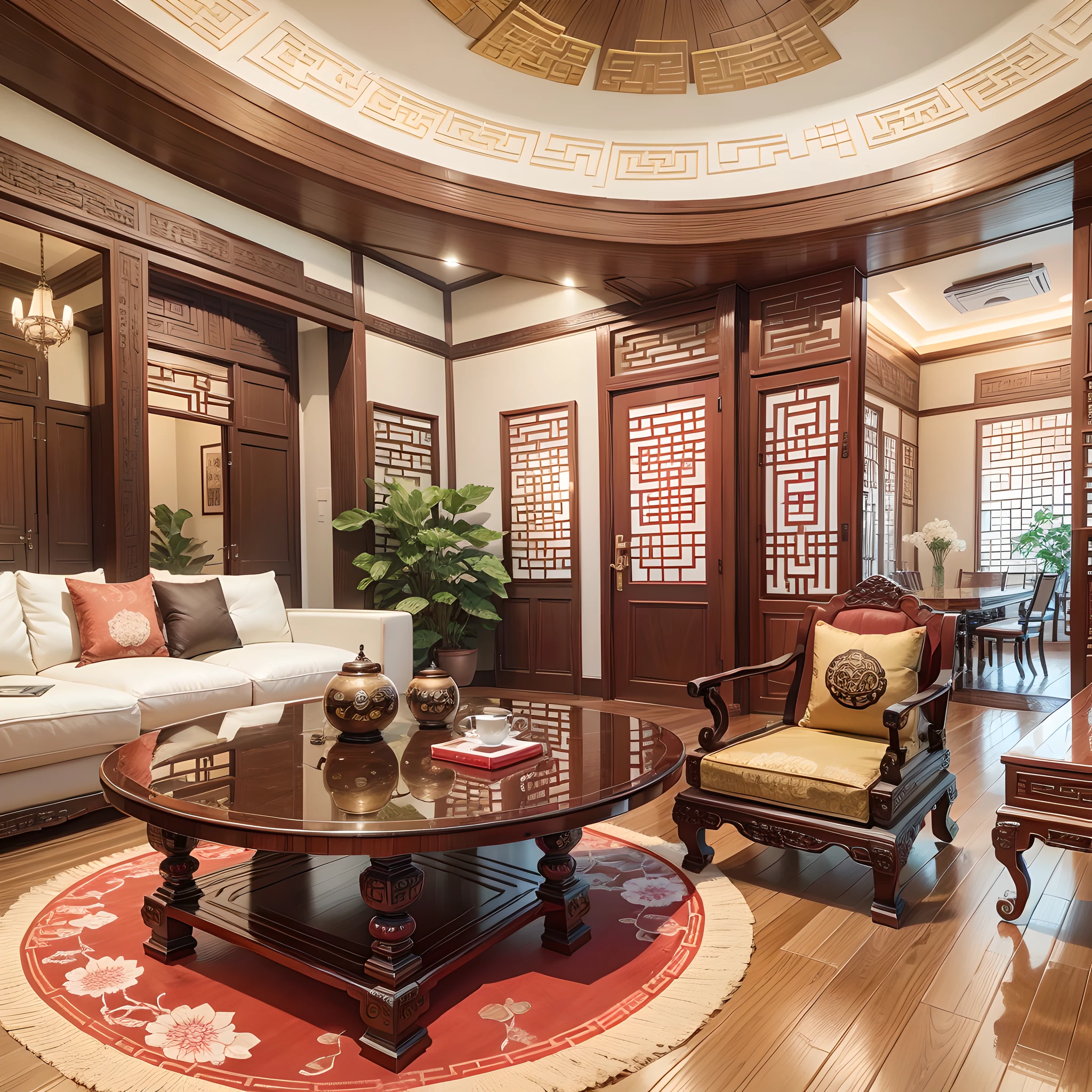 Design a floor plan, new Chinese living room, 200 square meters, the furniture is new Chinese style mahogany furniture, ceiling decoration with Chinese elements, ceiling roof is round, living room has kung fu tea table --auto --s2