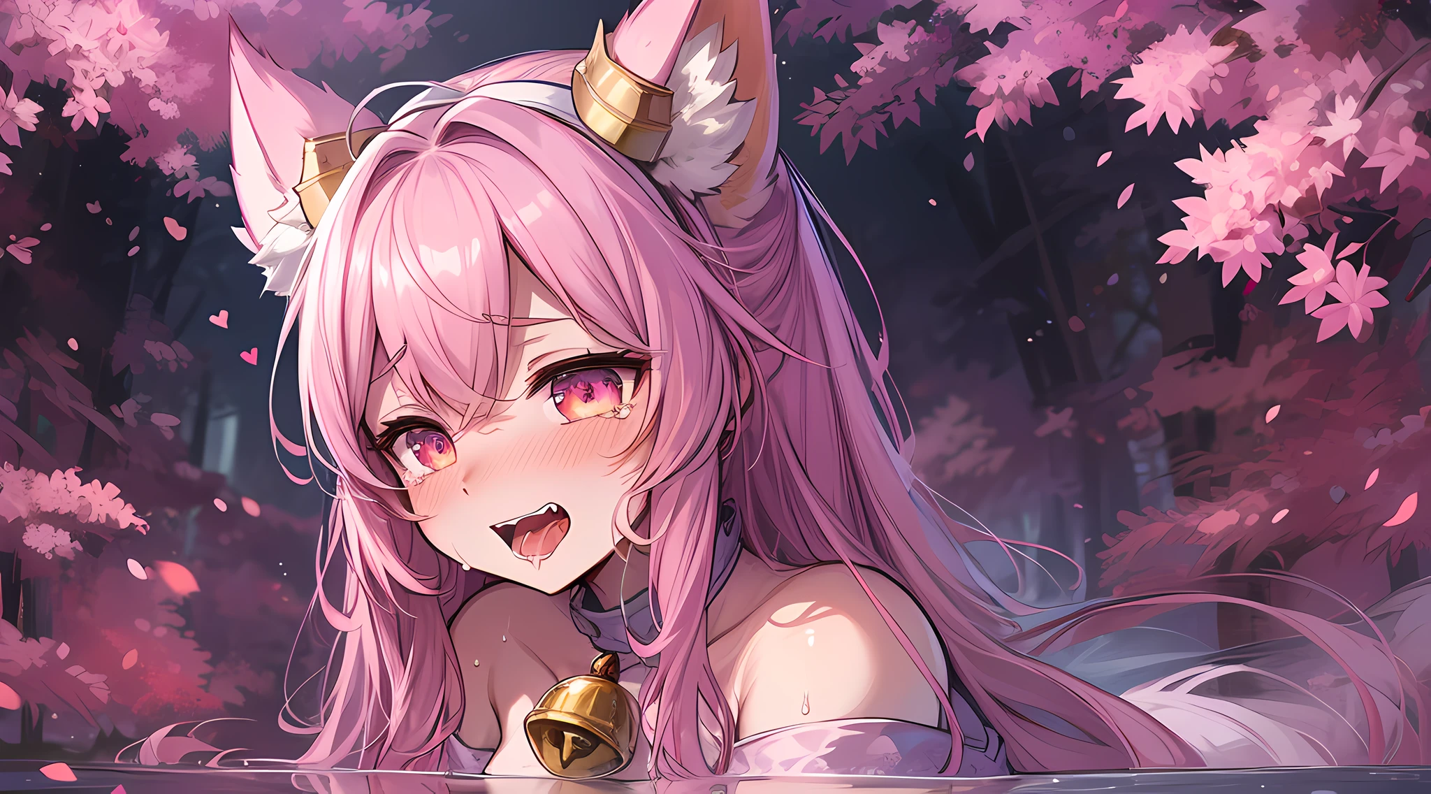 furry, pink fur, giant enormous breast, off-shoulder white semi-translucent morning dress, sitting on grass, sakura forest background, gold slit pupils, blushing:1, hair between eyes, pink hair, gradient hair, hair over shoulder, wet hair, shiny hair, bell, horns, forehead jewel, dragon horns, lolita hairband, eye reflection, streaming tears, slit pupils, fox ears, wolf ears, open mouth, embarrassed, blush, fangs, tongue, saliva, full blush, flustered, despair, full-face blush, long tongue, Realism, Hyperrealism, ray tracing, reflection light, backlighting, Fujicolor, first-person view, bokeh, UHD, retina, anatomically correct, super detail, best quality, highres