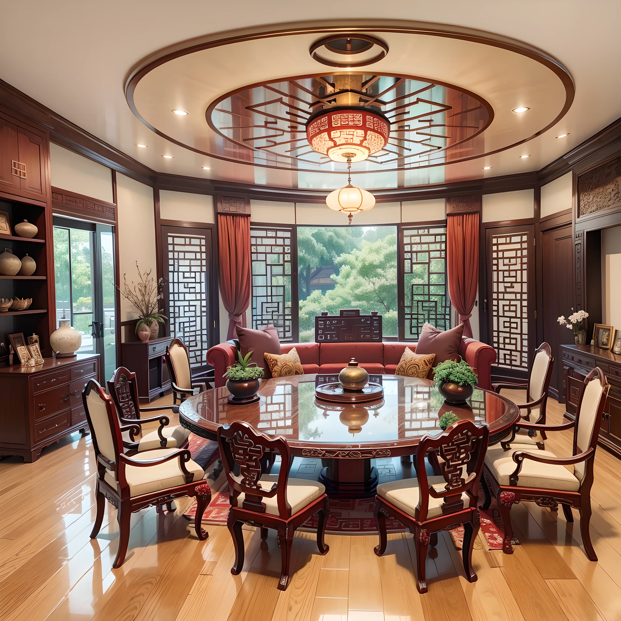 Design a floor plan, new Chinese living room, 200 square meters, the furniture is new Chinese style mahogany furniture, ceiling decoration with Chinese elements, ceiling roof is round, living room has kung fu tea table --auto --s2