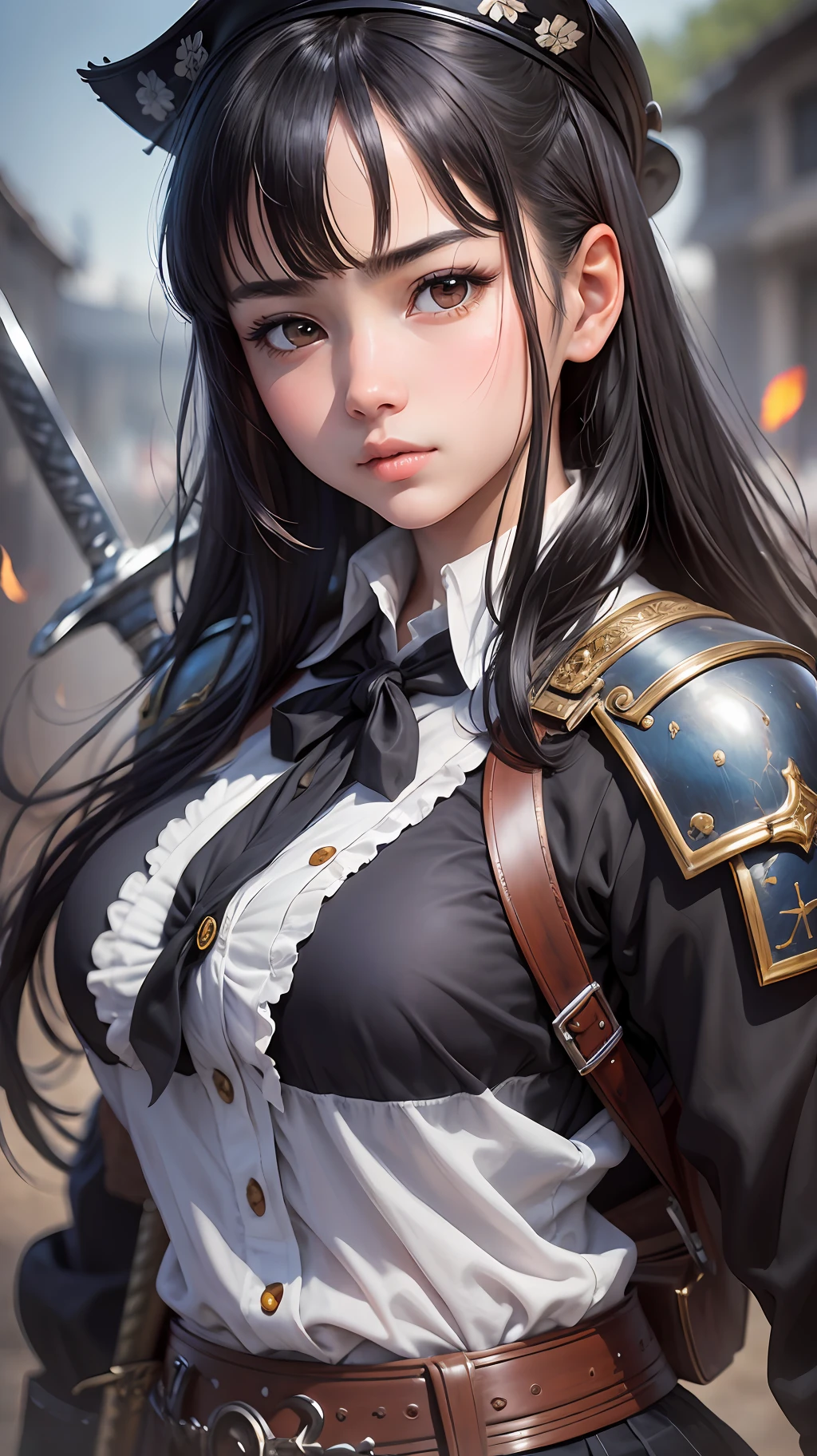 (Masterpiece: 1.2, highest quality), realistic, (real image, elaborately made, depth of field), black hair, schoolgirl, sword, Tsushima background, cleft lip, high detail, perfect face shape, oversized model, --auto --s2