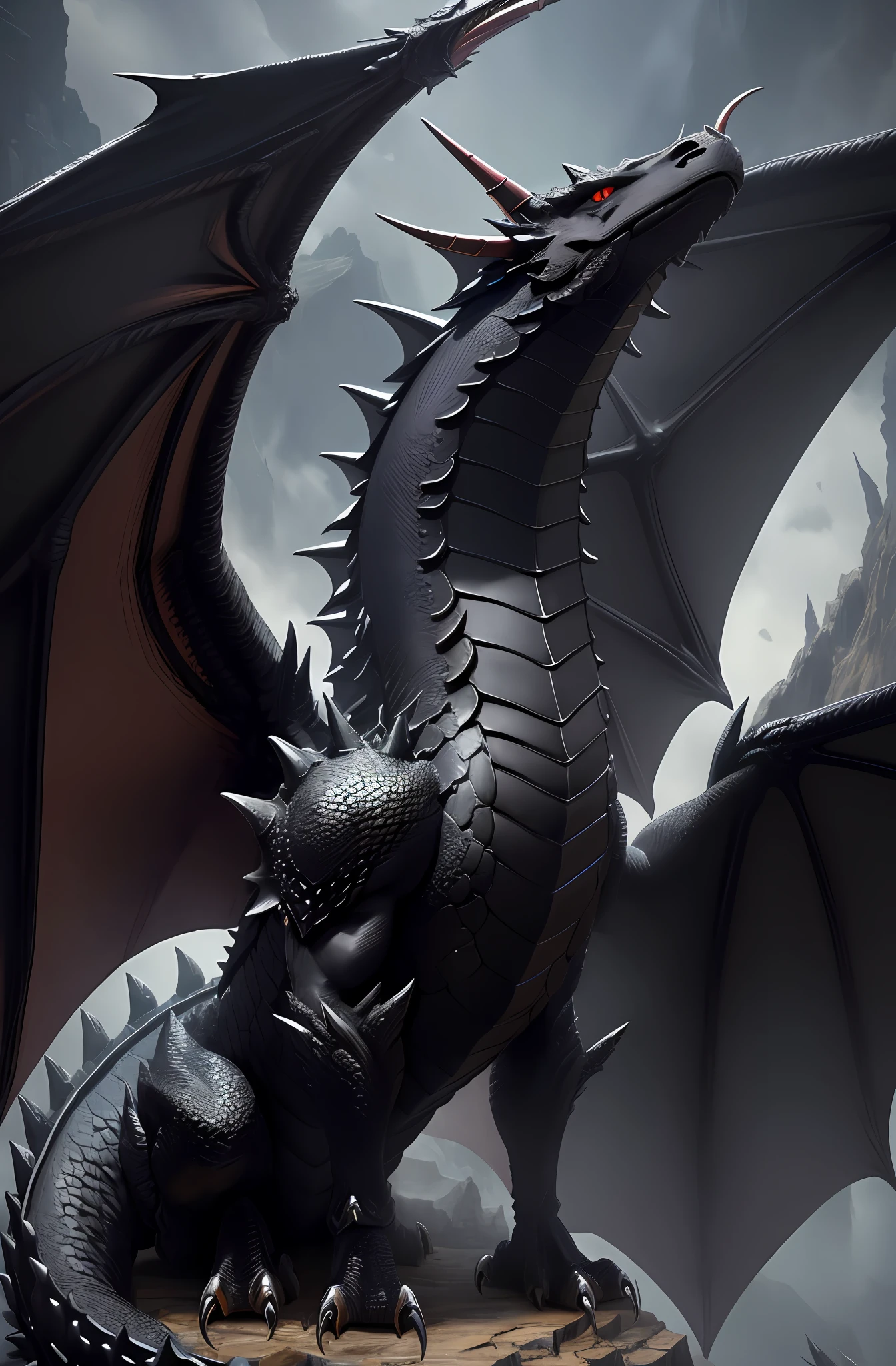 (16k, masterpiece, best quality), ultra-detailed, high quality, high resolution, black dragon, darkness, fog, dragon lair, detailed head, detailed scale, detailed claws, open wing, dragon breath, sky, (side view), close up