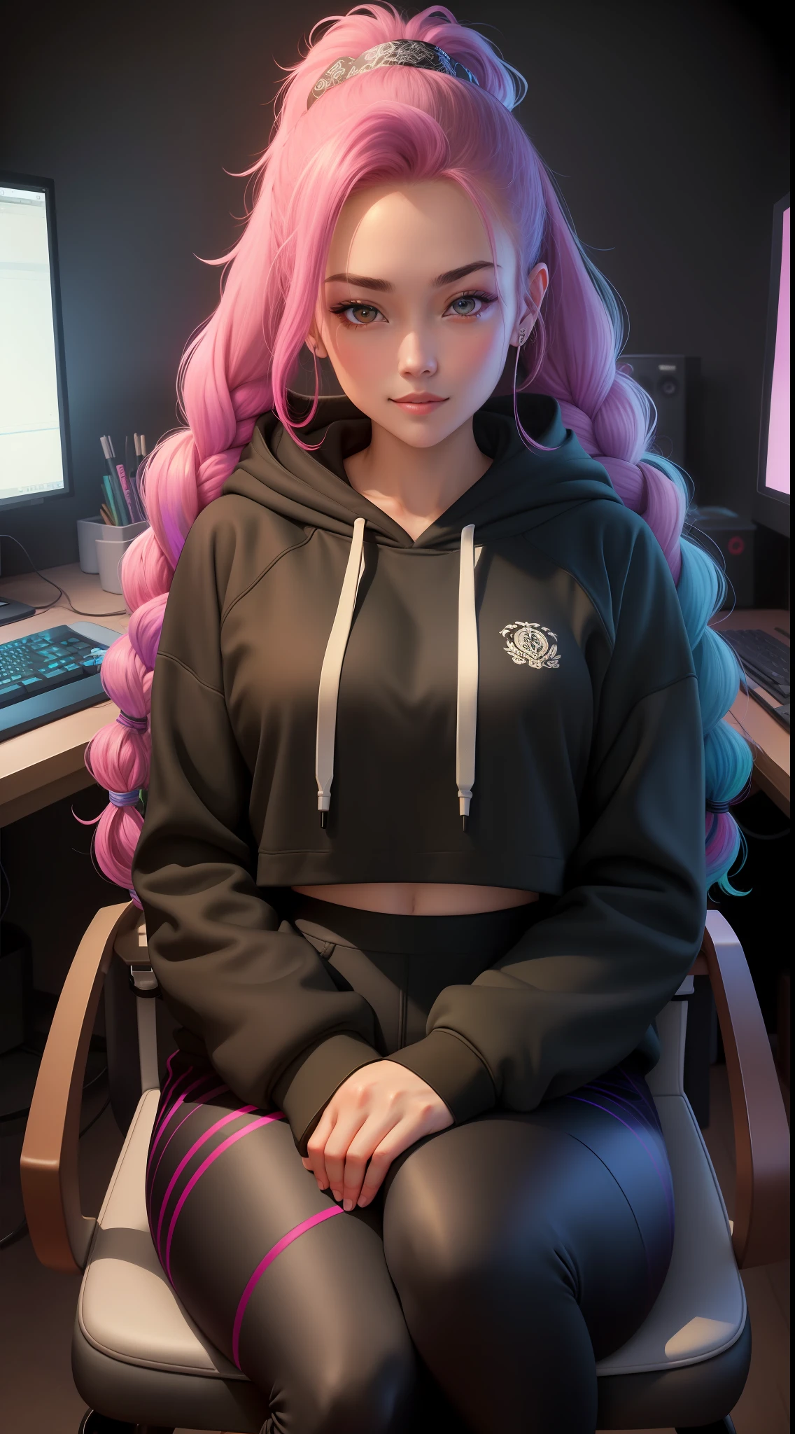 Game girl sitting in dark game room in front of a complicated table, expensive gaming computer, 25 years old, masterpiece, RGB, intricate details, vibrant, contrast, twitch (live), microphone, camera, filigree, super sharp, light particles, light, cute, perfect female face, extremely attractive, (playful), 8k, vaporwave, (comfortable), technology, love, happy, rule of thirds, hoodie and leggings, sporty, fitted, double braids, frequency, teacup, Desk accessories