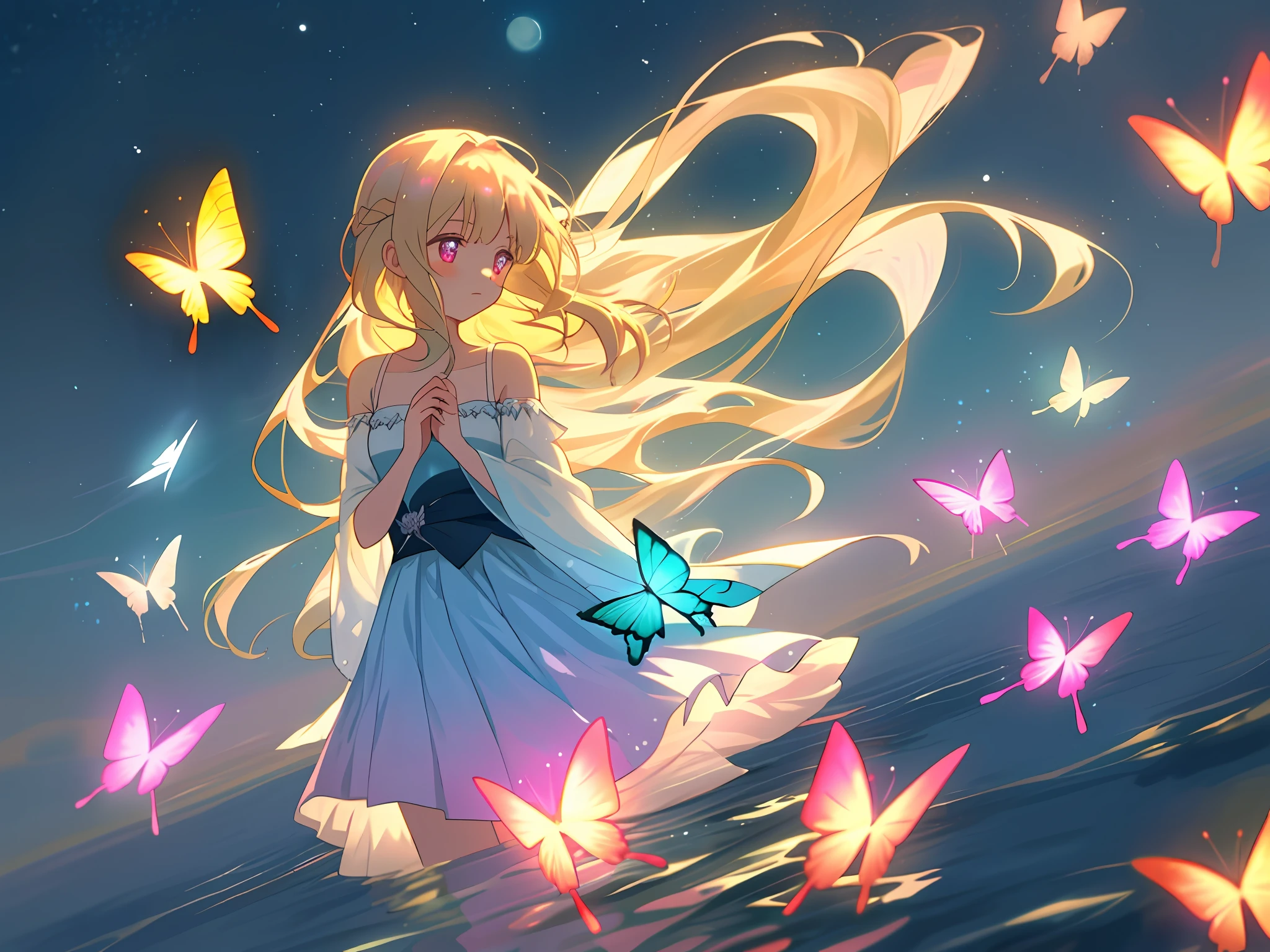 Horizontal plane, colorful water, young girl, alone, long mist hair, blonde hair, white on the inside of hair, delicate and beautiful face, gentle expression, butterfly resting on hand, moonlight bathed above head, standing, glowing pink eyes, bare shoulders, skirt of many colors