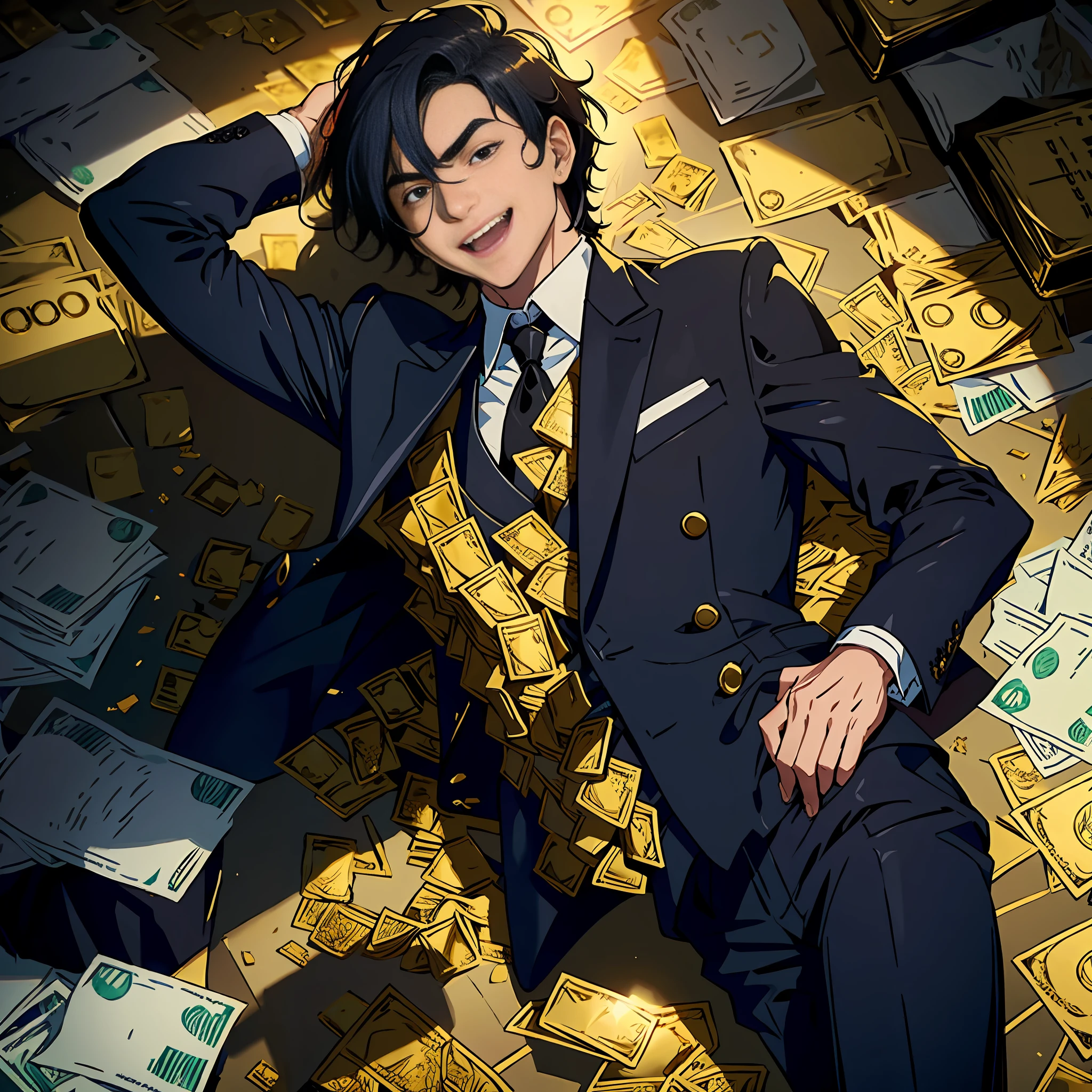 1 man, lying on, piles of gold bars and banknotes, black hair, black eyes, black suit, laughing heartily
