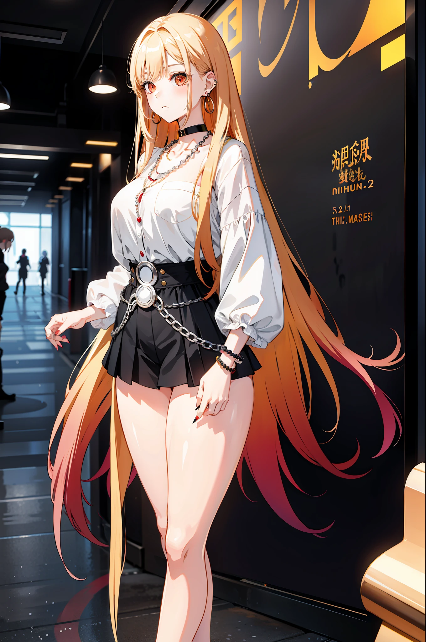 1girl, long hair, blonde hair, red eyes, piercing, earrings, pierced earrings, stud earrings, black necklace, bead bracelet, wrist tightening, long nails, wide hips, thin waist, thick thighs, (uniform), shyness, (masterpiece: 1.2), highlight, best quality, 8k, very clear,