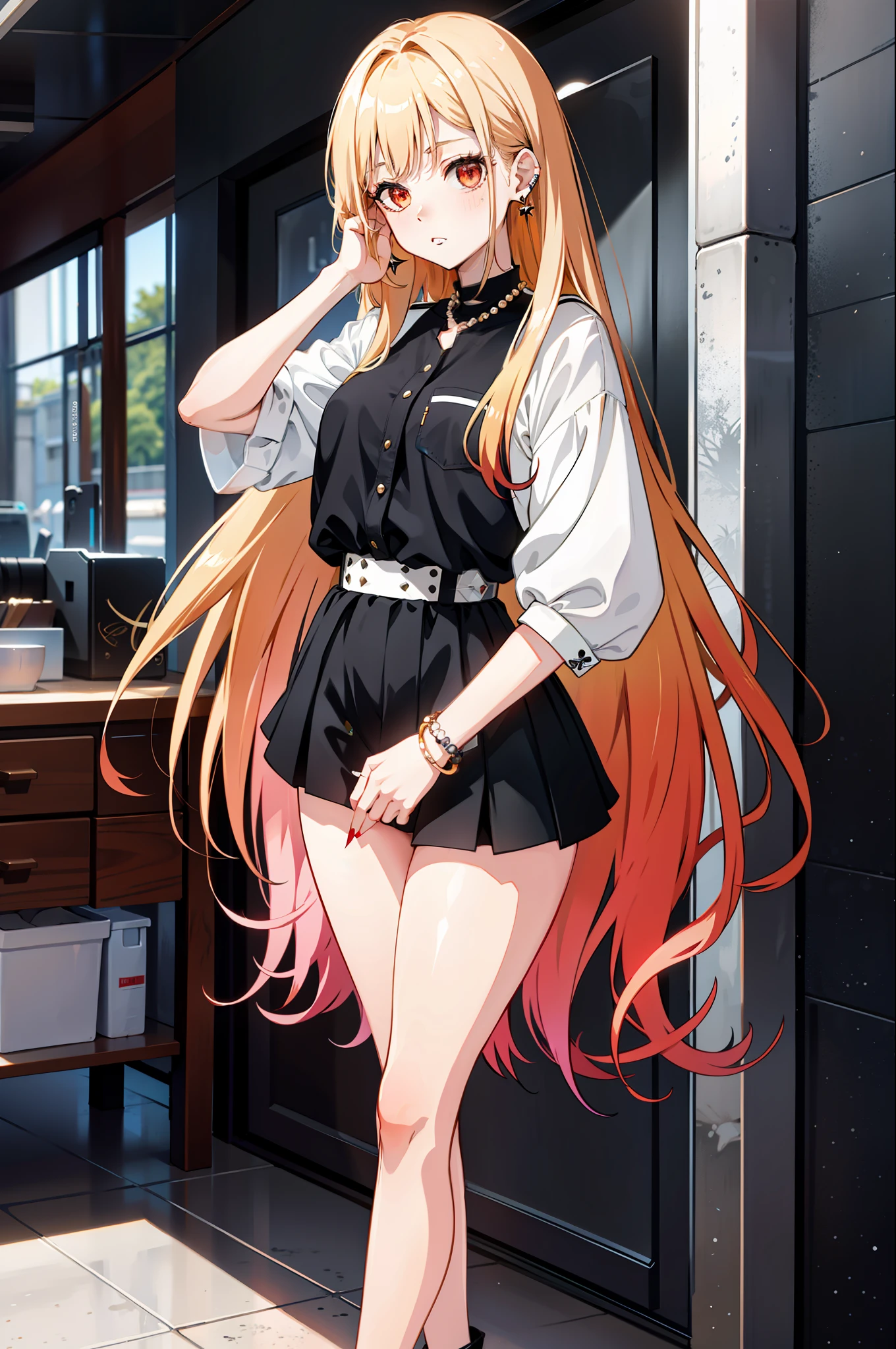 1girl, long hair, blonde hair, red eyes, piercing, earrings, pierced earrings, stud earrings, black necklace, bead bracelet, wrist tightening, long nails, wide hips, thin waist, thick thighs, (uniform), shyness, (masterpiece: 1.2), highlight, best quality, 8k, very clear,