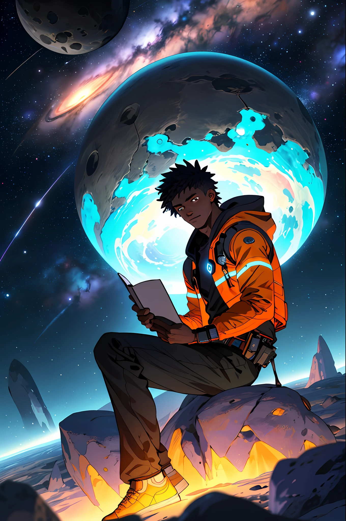 Draw a young African sitting on a research platform floating in the middle of an asteroid belt. He is studying with a Notebook, surrounded by several asteroids glowing with auras of fire, Astrophotography, The dramatic illumination of distant stars and planets illuminates the scene, casting deep shadows on the suit. The young man seems confident and determined, looking at the vast and mysterious universe with admiration and respect, cowboy shot, neon, masterpiece, best quality, ultra-realistic