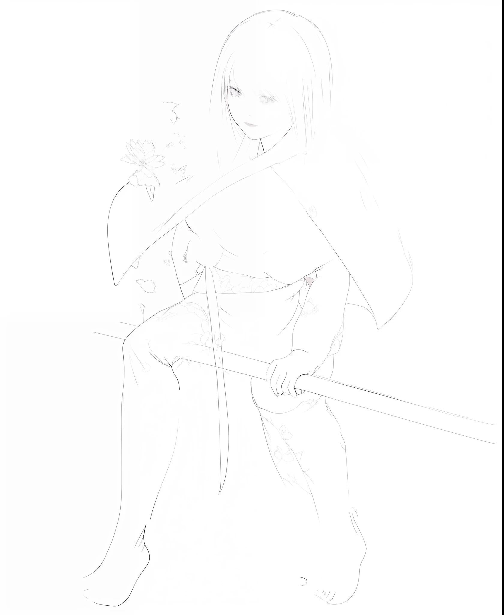 ((4k,masterpiece,best quality)), shuimobysim, traditional chinese ink painting, lotus, hanfu, maxiskit, dress conservatively 1girl, solo, long blue hair, smile, standing, feet in the water, barefoot,