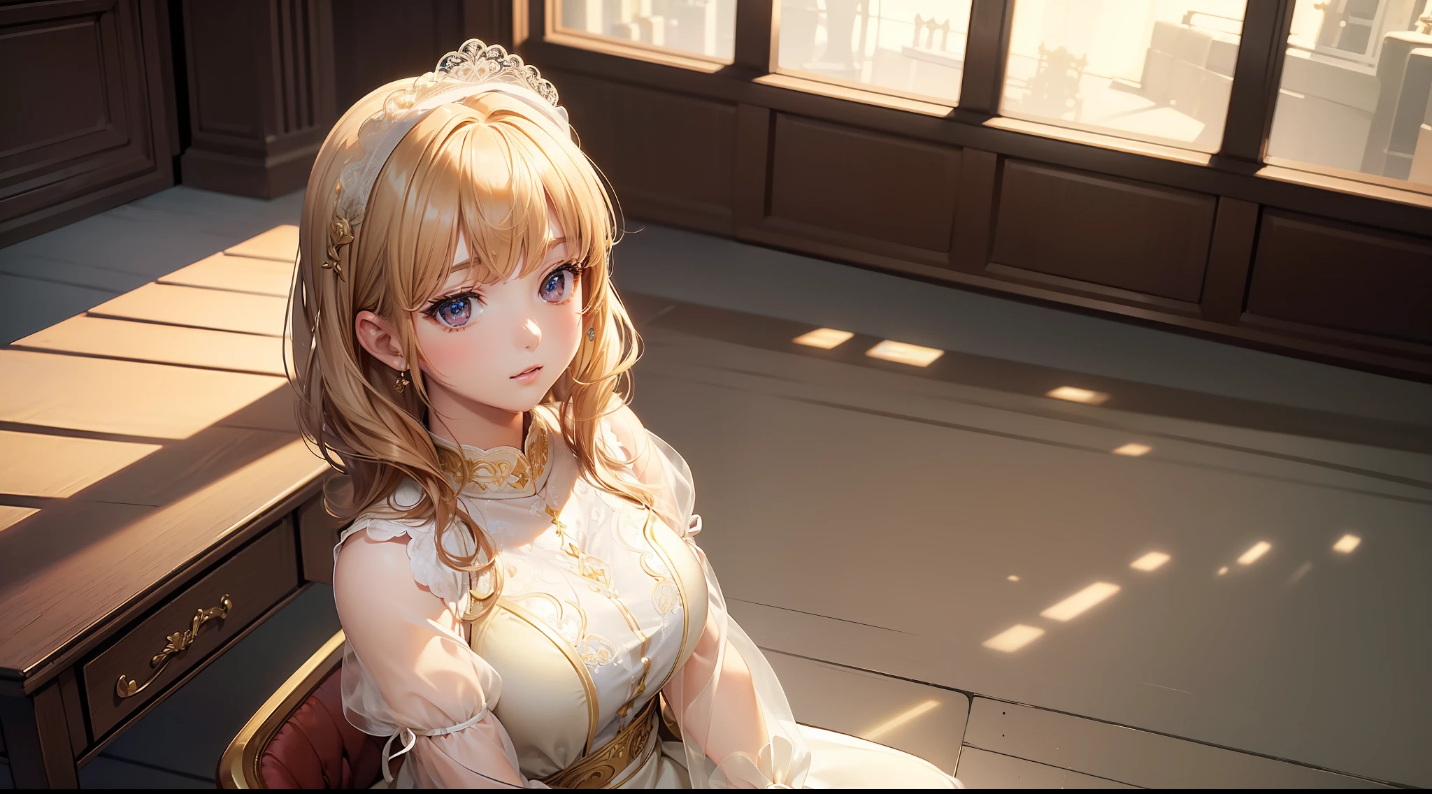(((Masterpiece)))), ((Highest Quality)))), (((Super Detail)))), (High Definition CG Illustration), ((Very Delicate and Beautiful))),(Cute Delicate Face),20 Years Old Girl,Plump,Cinematic Light Solo,Full Body,Sitting in a Big Chair,Blonde Ultra Short Hair,Expressionless,(Character Focus),Science Fiction,(((Elegant Dress)),(Study)