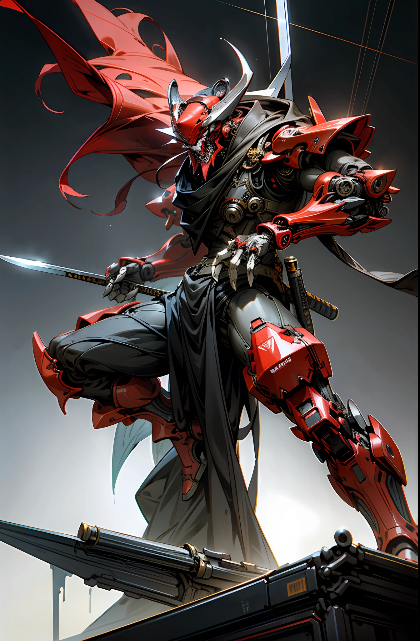 Dark_Fantasy, Cyberpunk, (red:1.5), 1 Tiger, Mechanical marvel, Robotic presence, wearing a shabby mecha suit, red slot machine armor, holding a long katana, katana, knife pulling pose, claw gloves, sharp-toothed helmet, red light, intricate, (steel metal [rusty]), elegant, clear focus, photographed by greg rutkowski, soft lighting, Bright colors, masterpiece, ((roof)), dynamic pose