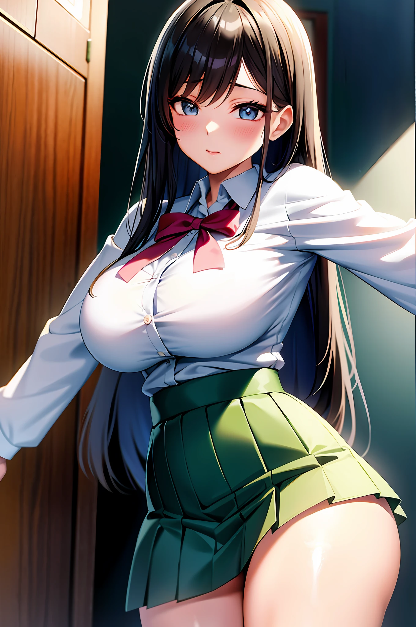 High school girl in white blouse and green checked skirt, green checked skirt, untied long black hair, pinched eyes, long eyelashes, well-styled and quite large breasts, white underwear with skirt flipped up, posing with large breasts for emphasis, naughty large breasts, naughty thighs, naughty Anime style, beautiful anime school girl, surrealistic school girl, surrealistic school girl, enchanting anime girl, realistic school girl, emphasized big breasts, naughty anime style, naughty thighs, naughty thighs, smooth anime CG art, surrealistic school girl, surrealistic school girl, Enchanting anime girl, realistic high school girl, smooth anime cg art, anime girl, beautiful anime high school girl, beautiful anime girl, beautiful charming anime teen, naughty anime style, photorealistic anime girl renderings