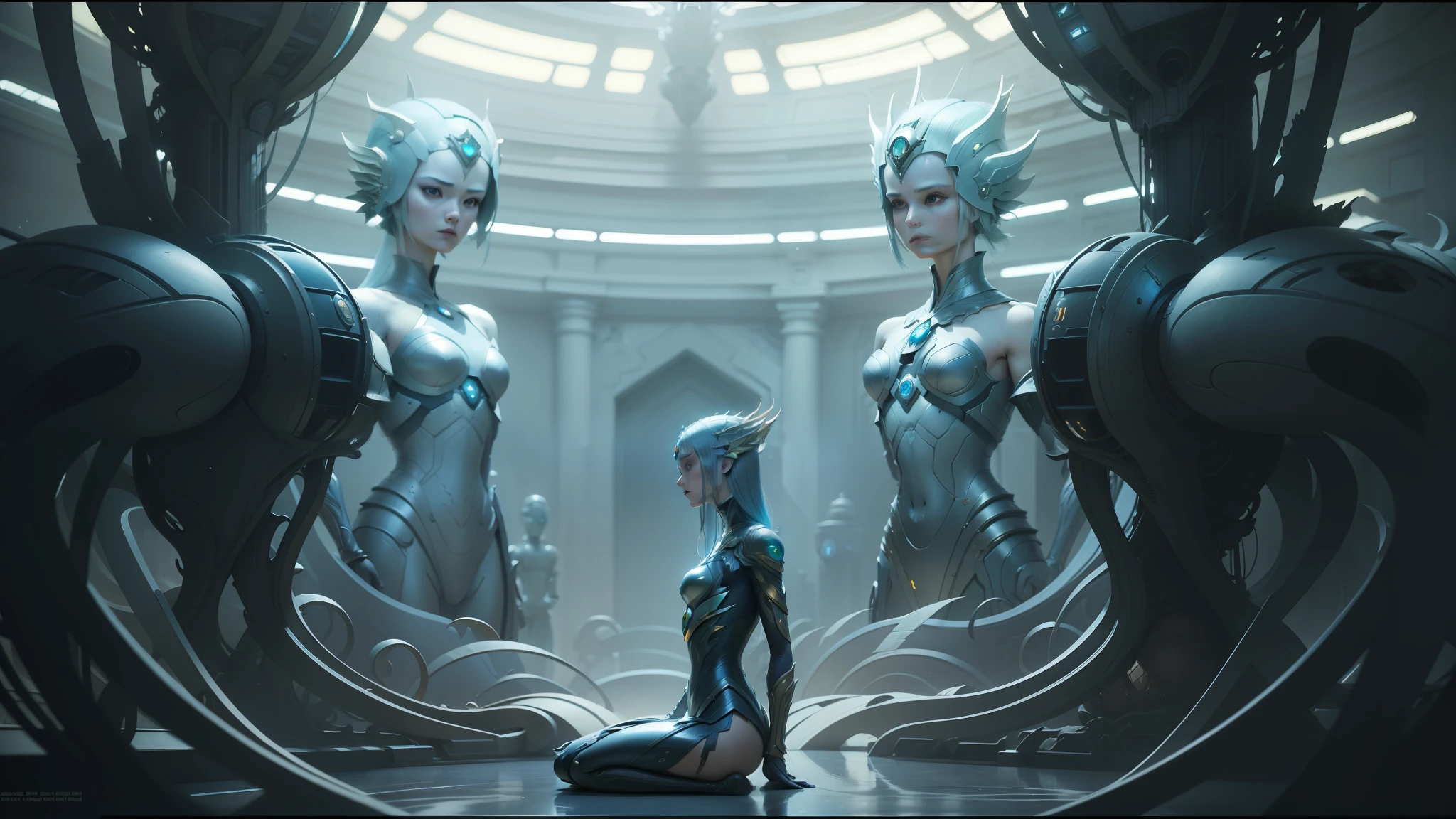 a close up of a woman in a costume standing in a room, moebius and android jones, pierre pellegrini and ash thorp, gilded lotus princess, still frame from prometheus, by Bian Jingzhao, cyborg noble woman, extremely detailed goddess shot, kazakh empress--ar 16:9 --auto --s2