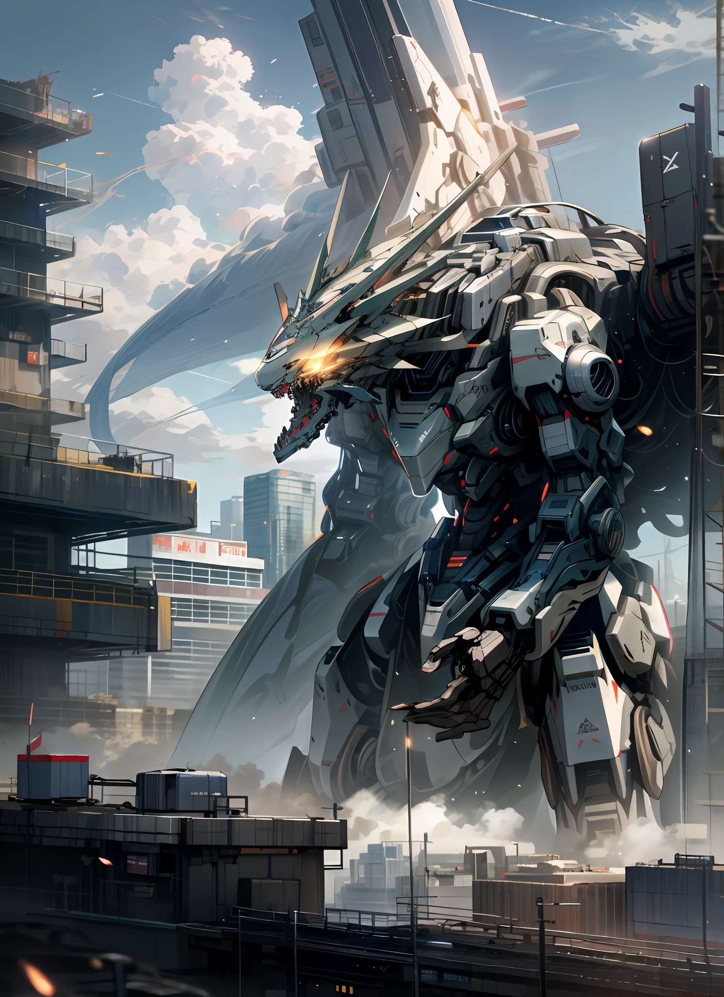 sky, cloud, holding_weapon, no_humans, glowing, , robot, building, glowing_eyes, mecha, science_fiction, city, realistic,mecha, dragon