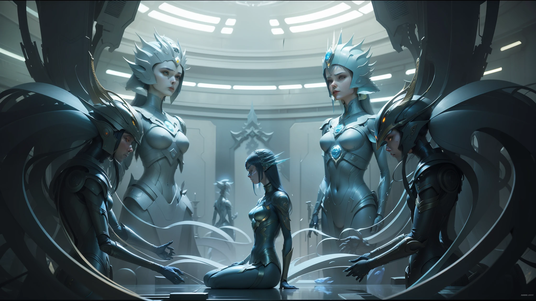a close up of a woman in a costume standing in a room, moebius and android jones, pierre pellegrini and ash thorp, gilded lotus princess, still frame from prometheus, by Bian Jingzhao, cyborg noble woman, extremely detailed goddess shot, kazakh empress--ar 16:9 --auto --s2