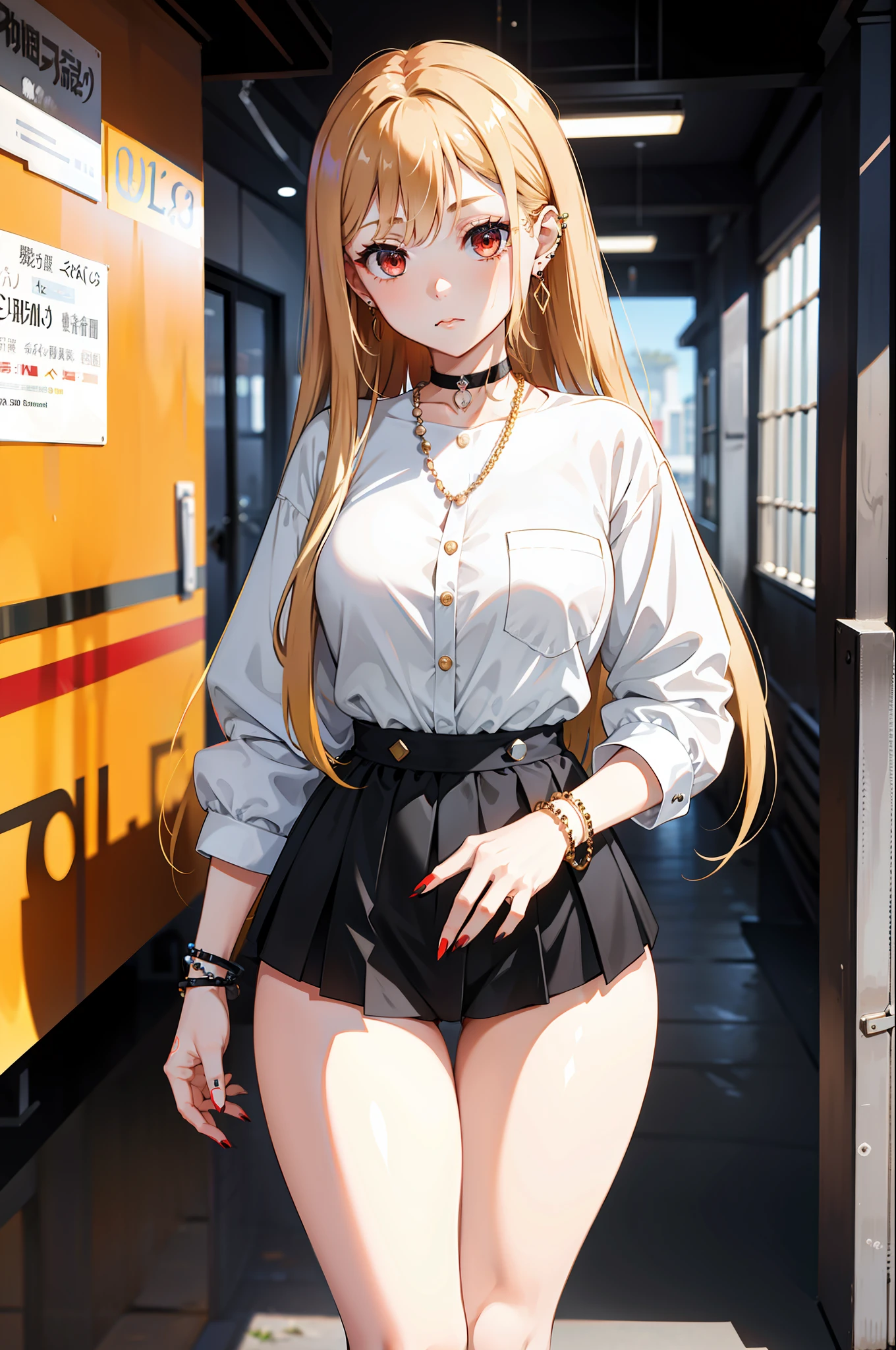 1girl, long hair, blonde hair, red eyes, piercing, earrings, pierced earrings, stud earrings, black necklace, bead bracelet, wrist tightening, long nails, wide hips, thin waist, thick thighs, (uniform), shyness, (masterpiece: 1.2), highlight, best quality, 8k, very clear,