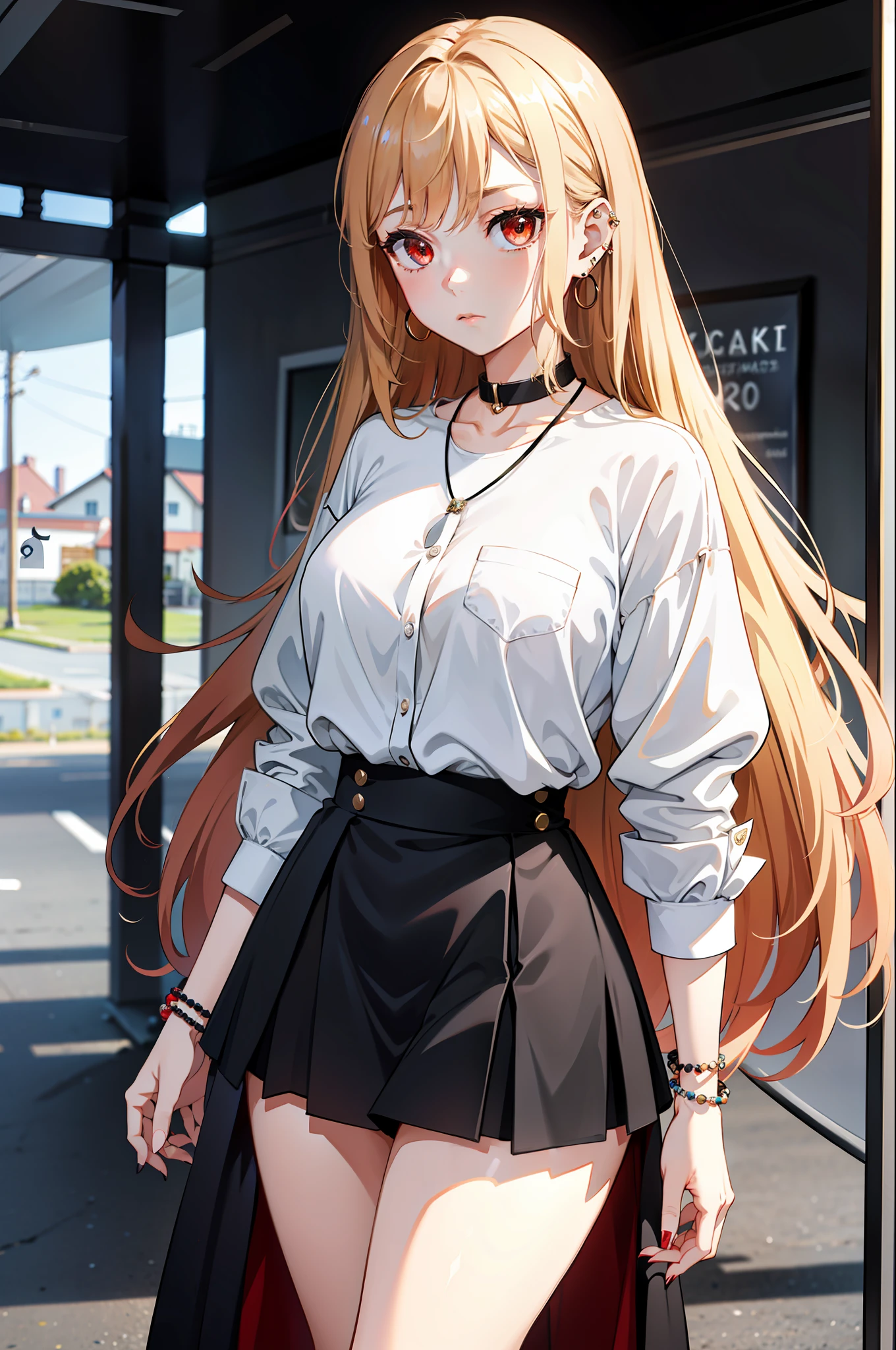 1girl, long hair, blonde hair, red eyes, piercing, earrings, pierced earrings, stud earrings, black necklace, bead bracelet, wrist tightening, long nails, wide hips, thin waist, thick thighs, (uniform), shyness, (masterpiece: 1.2), highlight, best quality, 8k, very clear,