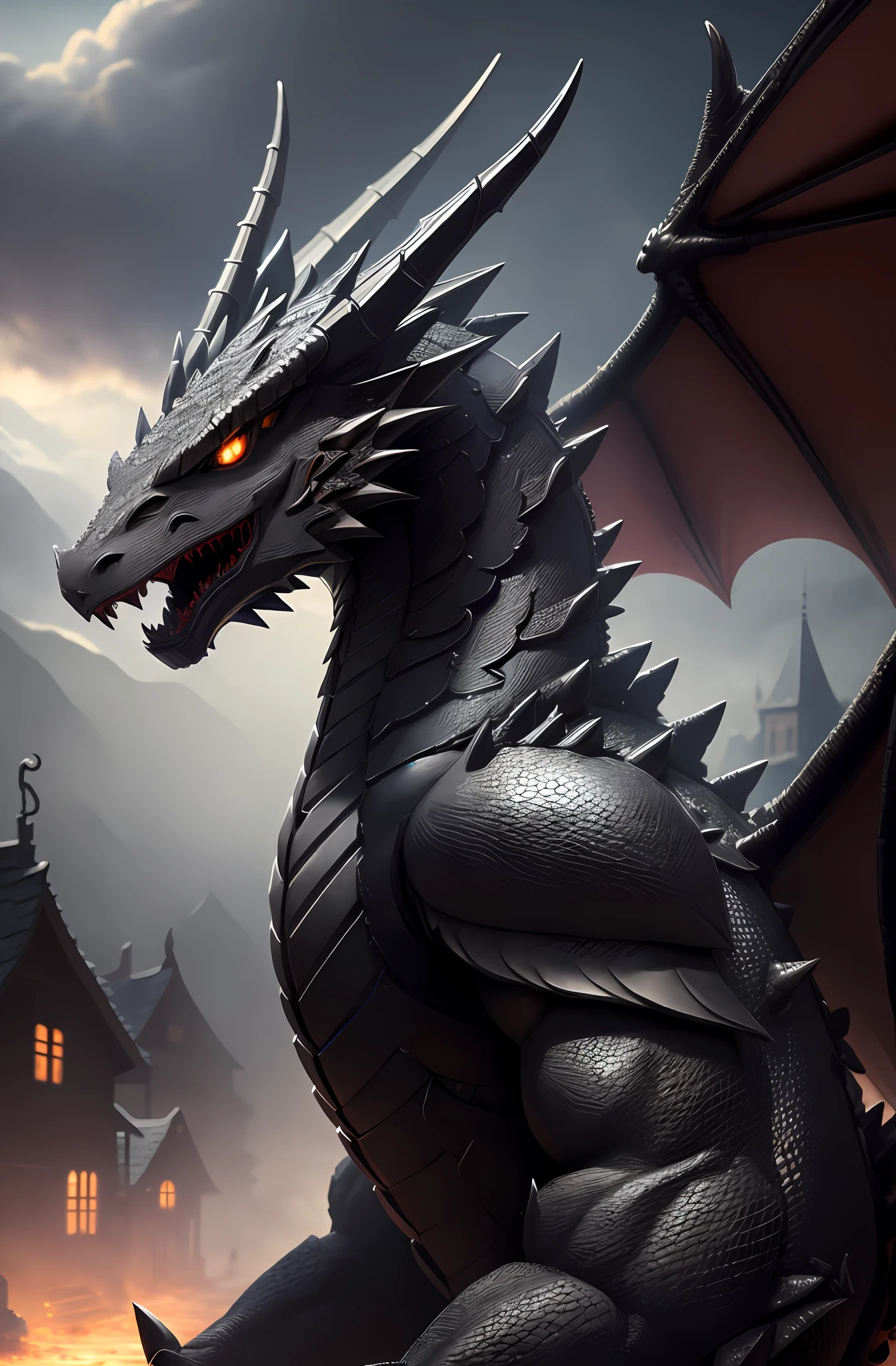 (16k, masterpiece, best quality), ultra-detailed, high quality, high resolution, black dragon appear in the village, darkness, fog, village background, detailed head, detailed scale, detailed claws, open wing, dragon breath, sky, (side view), close up