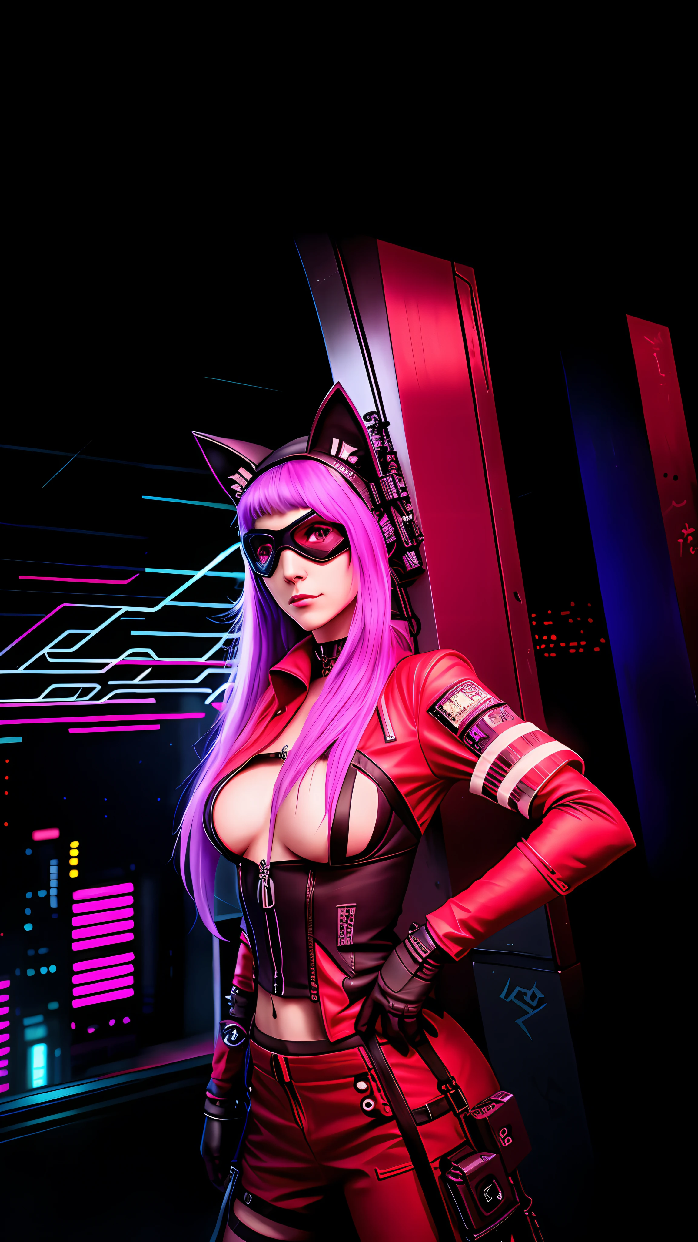 a woman with a gas mask and a cat ears, cyberpunk art style, cyberpunk themed art, dark cyberpunk illustration, cyberpunk dark fantasy art, cyberpunk horror style, high quality cyberpunk art, cyberpunk art, anime cyberpunk art, cyberpunk digital painting, digital cyberpunk anime art, cyberpunk anime art, advanced digital cyberpunk art, cyberpunk digital art, cyberpunk character art, female cyberpunk anime girl