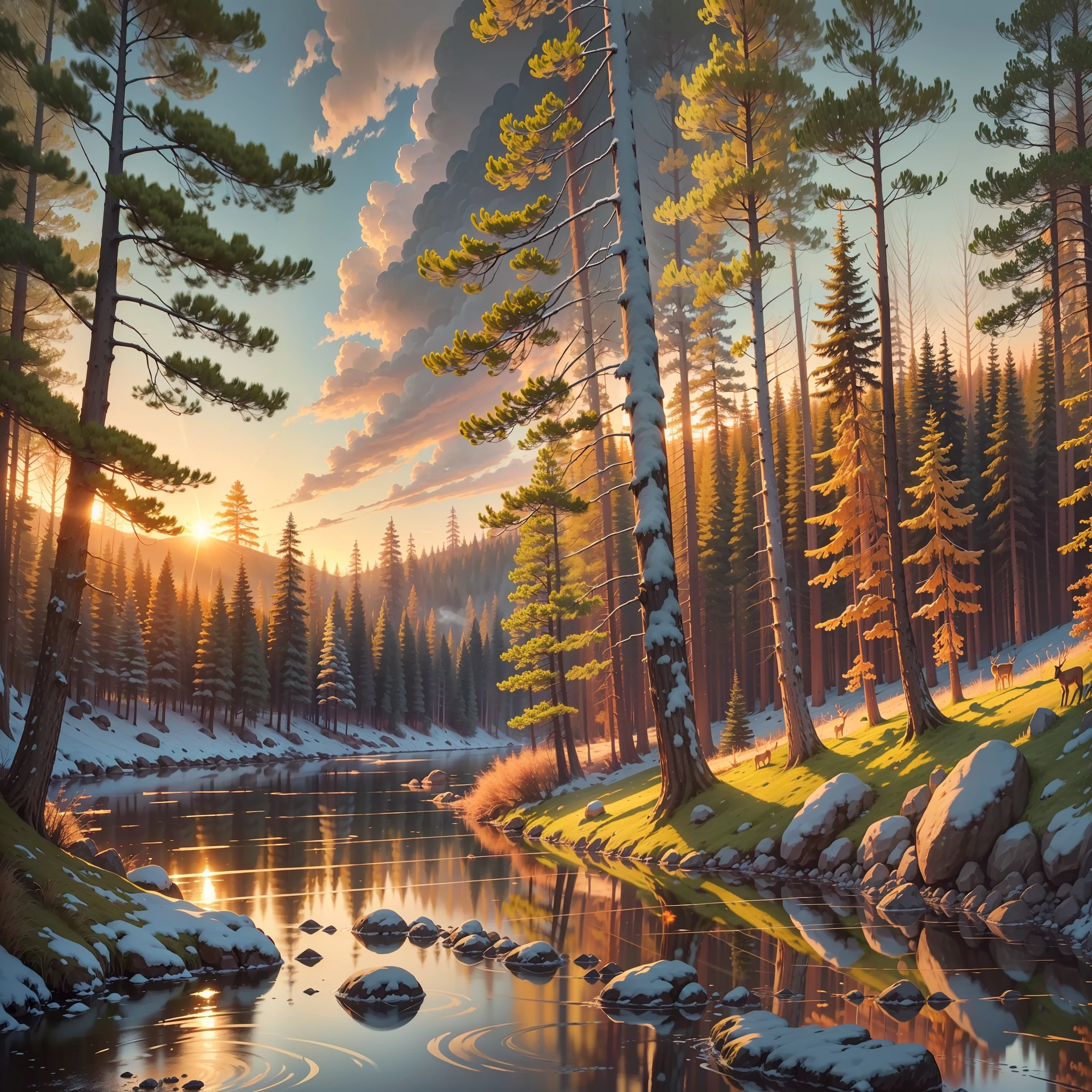 “Draw a peaceful forest scene with a winding stream and a family of deer drinking from it. The sun is setting and casting a warm, orange glow over the trees. There is a small cabin in the distance, and smoke is rising from its chimney. Can you bring this serene scene to life with your artistic skills?” --auto --s2