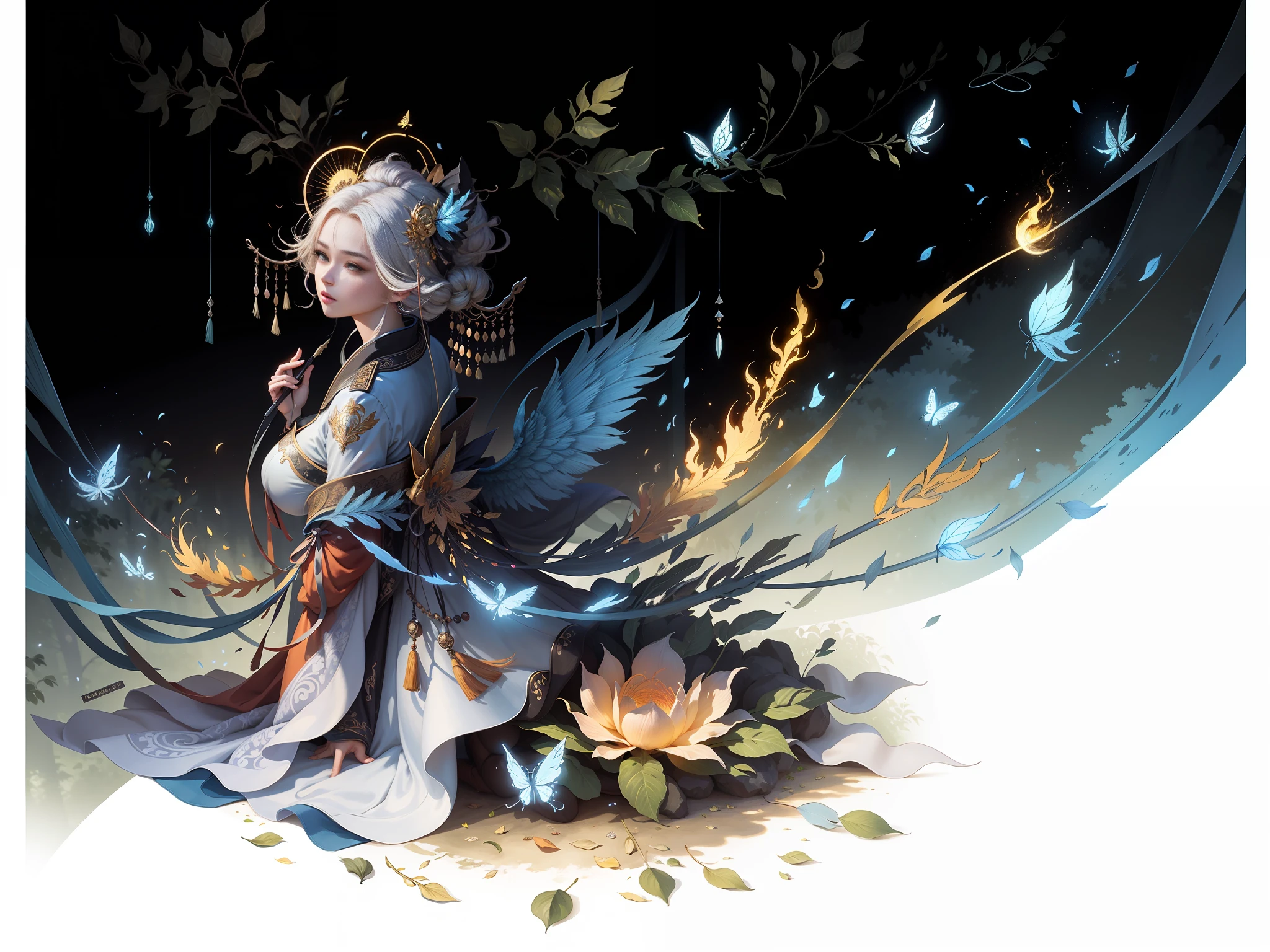 Masterpiece, best quality, a beautiful woman, ancient Chinese imperial robe, majestic domineering, curvaceous figure, phoenix eyes, phoenix feathers, sunshine, clear face, masterpiece, super detail, movie composition, ultra hd, high quality, extremely detailed, official art, uniform 8k wallpaper, super detail, (very detailed CG unity 8k wallpaper), (best quality), (best illustration), (best shadow), UI interface border design with natural elements forest theme. Avatar frame designed as round, surrounded by delicate leaves and branches, with fireflies and glowing particle effects, (UI interface box design), (natural elements), (jungle theme), (square), (leaves), (branches), (fireflies), butterflies, (delicate leaves), (glow), (particle effects), isometric 3D, Octane rendering, ray tracing, super detailed