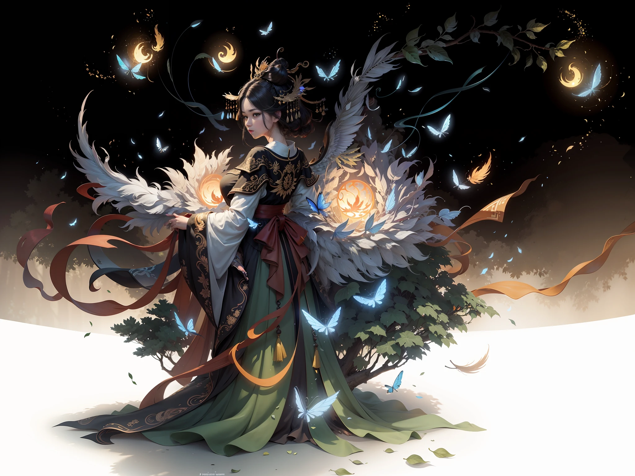 Masterpiece, best quality, a beautiful woman, ancient Chinese imperial robe, majestic domineering, curvaceous figure, phoenix eyes, phoenix feathers, sunshine, clear face, masterpiece, super detail, movie composition, ultra hd, high quality, extremely detailed, official art, uniform 8k wallpaper, super detail, (very detailed CG unity 8k wallpaper), (best quality), (best illustration), (best shadow), UI interface border design with natural elements forest theme. Avatar frame designed as round, surrounded by delicate leaves and branches, with fireflies and glowing particle effects, (UI interface box design), (natural elements), (jungle theme), (square), (leaves), (branches), (fireflies), butterflies, (delicate leaves), (glow), (particle effects), isometric 3D, Octane rendering, ray tracing, super detailed