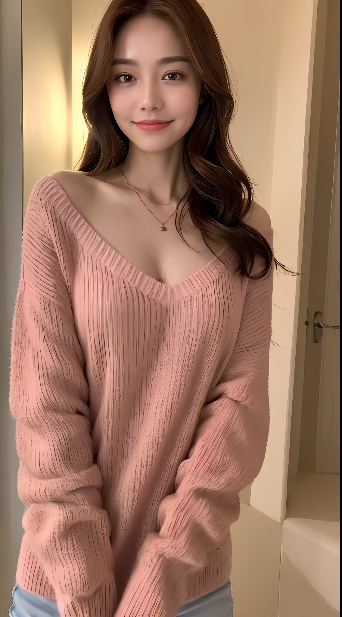 ((Night, Realistic Light, Best Quality, 8K, Masterpiece: 1.3)), 1girl, Slim Beauty: 1.4, Abs: 1.1, (Brown hair, Medium breasts: 1.3), Long pink sweater: 1.1, Bathroom, Super fine face, Delicate eyes, Double eyelids, smile, necklace