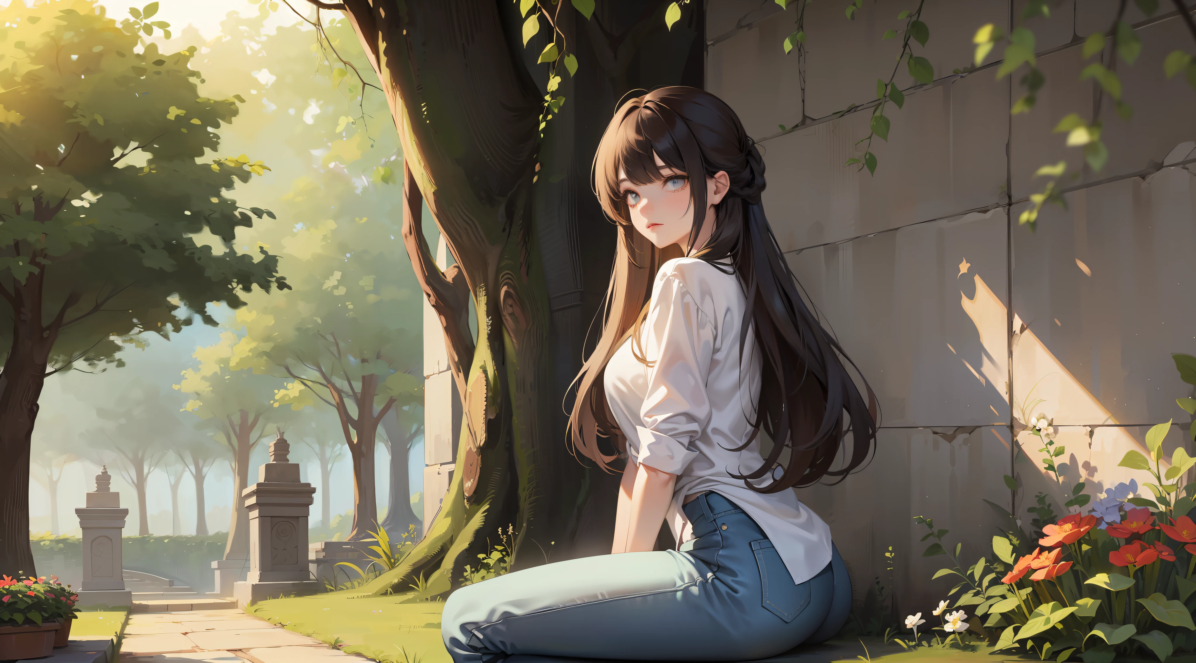 beautiful young woman, (appearance:1.1), with long hair cascading down her back, wearing a loose-fitting shirt or blouse over tight jeans or leggings, leaning casually against a wall or a tree with one leg crossed over the other, looking relaxed and contemplative, with a serene expression on her face, possibly in a garden or a park setting, with flowers or trees in the background.