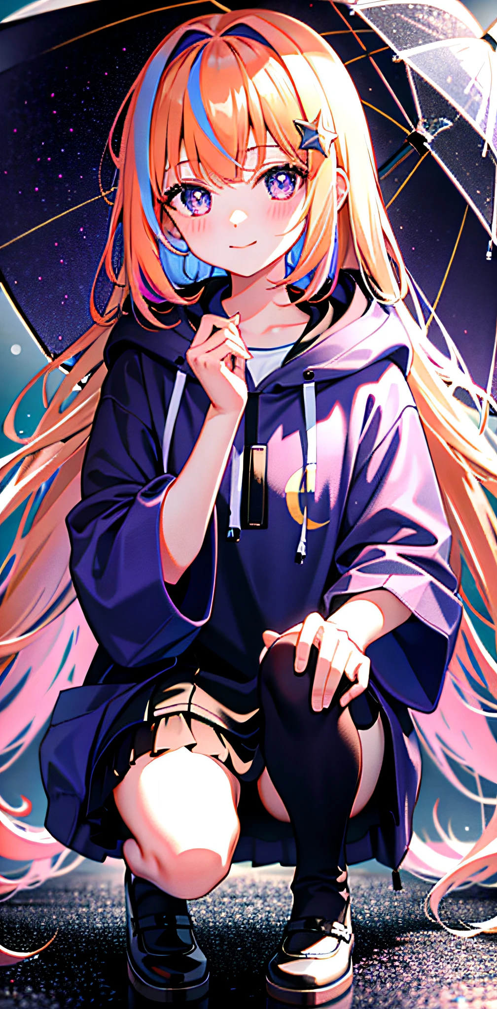 2girls, masterpiece, best quality,ultra_detailed, best quality highres, high quality, 8k, beautiful lighting, night, heavy rain, puddles, clouds, reflections in puddles, city, on the road, moon in the sky, full moon. First girl, 1girl, Hoshino Ai, long hair, purple hair, streaked hair, purple eyes, star-shaped pupils, hair ornament, bangs, look away, hold a  umbrella, look at the viewer, in squat, raincoat, tights, head, second girl, smile, ornament, hoodie, neon pink, graffiti, bright eyes, star-shaped pupils in left eye, orange hair,  long hair, pink eyes, clothes with multicolored frills, blonde, bangs, pose, multicolored hair, (simple background: 1.2), (cute: 1.5), tie