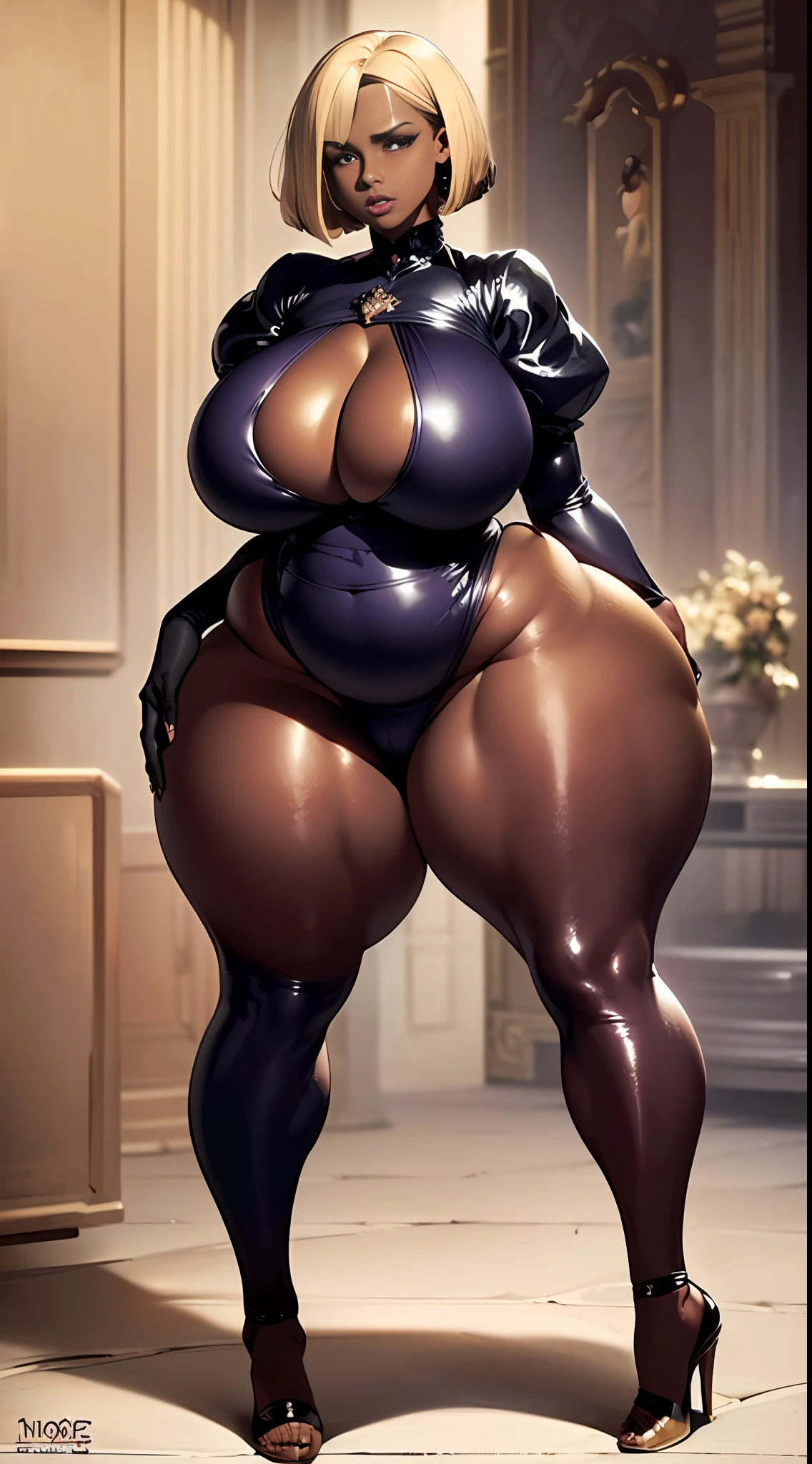 Elaborate CG artwork.(highest quality, exquisite details,absolute masterpiece.) (1 mature women, Solo), detailed seductive eyes,((plump purple lips)),purple eye shadow,blush,(beautiful detailed black gothic Empire Waist Dress, extremely shiny fabric, extremely wrinkled fabric, puffy sleeve,), (((Head to Toe Image))), ((Full Body Image)),Detailed Beautiful Mature Face,highly detailed beautiful face and eyes,(((mahogany colored dark skin))),(((pale blonde hair))), ((((short graduated bob))),(curvy))),(Chubby),((((ridiculously huge thick thighs))), (((incredibly huge curvaceous hips))), (((very huge sensual ass)))), (((high heels))),