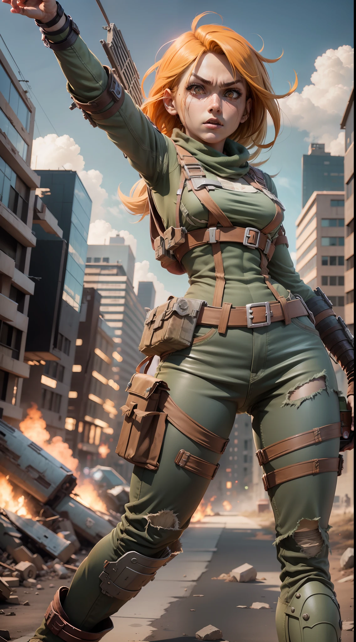 Attack on titan Annie, post apocalytic, female titan, muscular, bokeh, UHD, side lighting, ultra realistic, ray tracing, full body must be shown