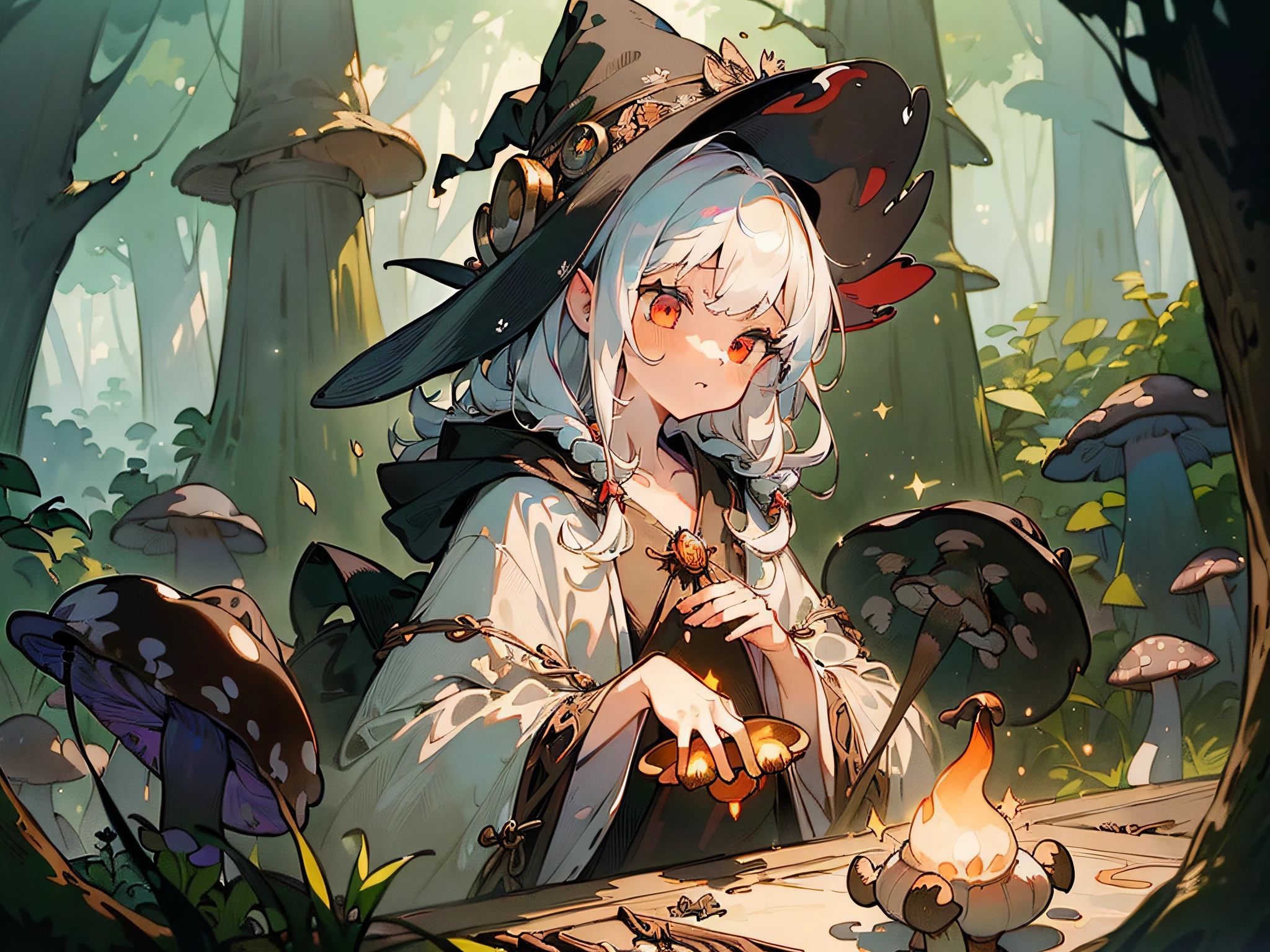 (((masterpiece))),best quality,watercolor,((illustration), (((beautiful detailed girl))),((mysterious)),small chest,(witch_brew), ((delicate cute face)),red eyes, ringlets,white hair, ((witch_robe)),black robe,hooded robe,golden laces, ((fairytale)),(night),((cauldron)),mushroom_forest,glowing_mushrooms,luminous_spirit,light_particles