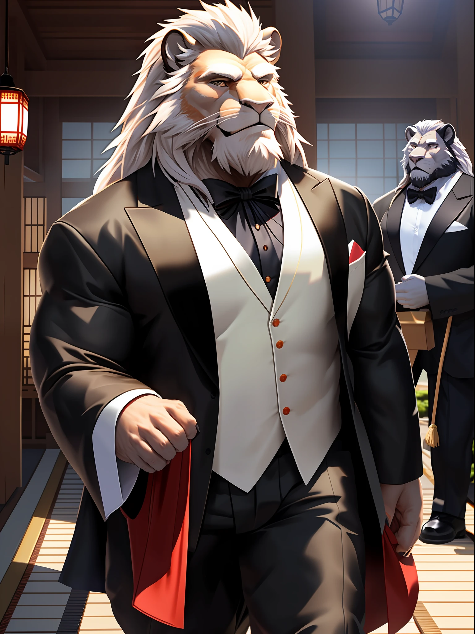 muscular man walking around in traditional japanese festivals, stands, tuxedo, furry, an anthro (white lion), an anthto, a old man muscular, facial hair, happy expression, extremely detailed muscle, detailed face, face, detailed eyes, eyes, detailed muscle, realistic rendering, CG realistic, 3d realistic, photography, background