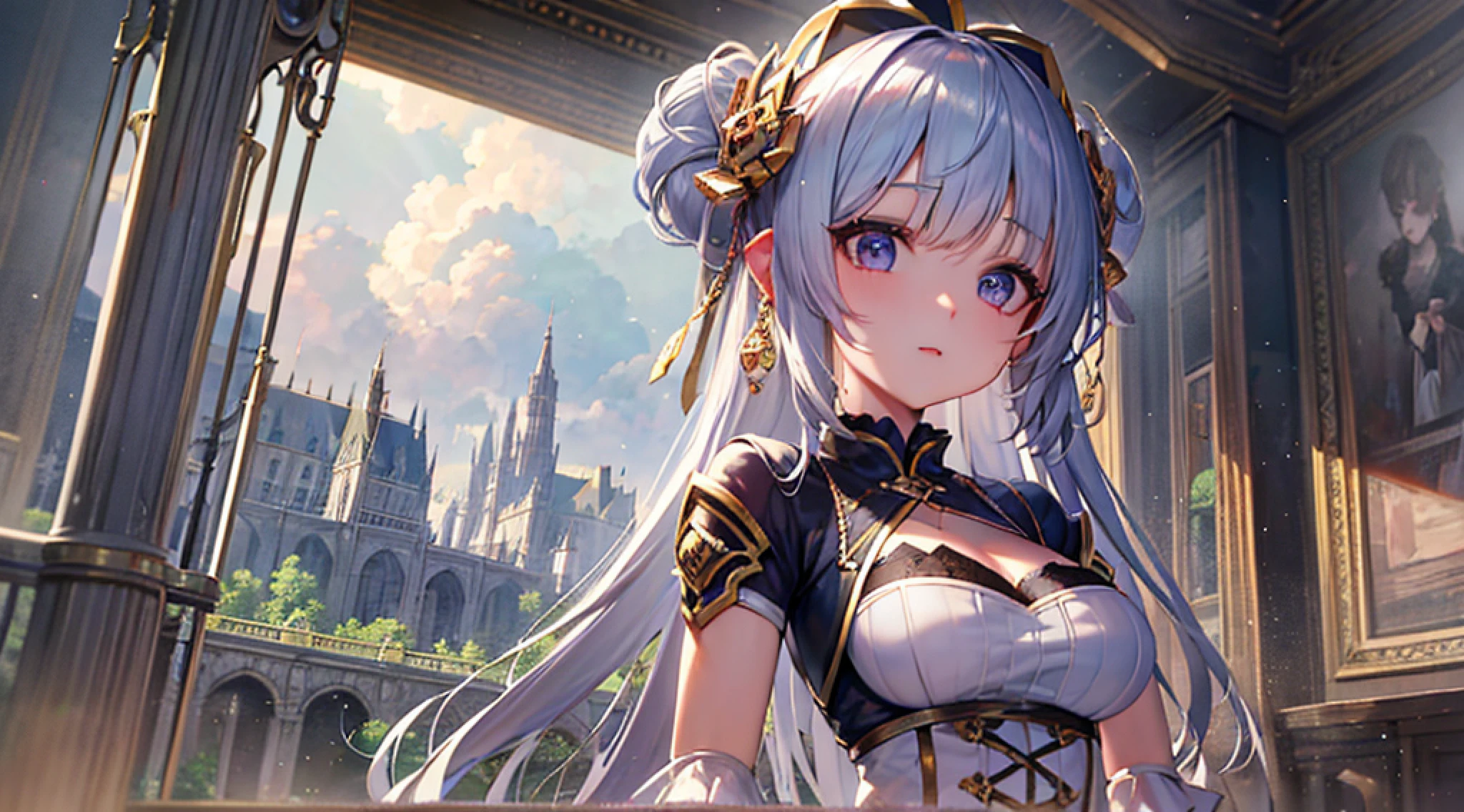 beautiful girl, alluring face, wide angle shot, high dynamic range, panorama, scenery, fantasy, dutch angle, dynamic angle, hime cut, hair ornament, sharp detail, ultra detail, fine detail, absurdres, highres,